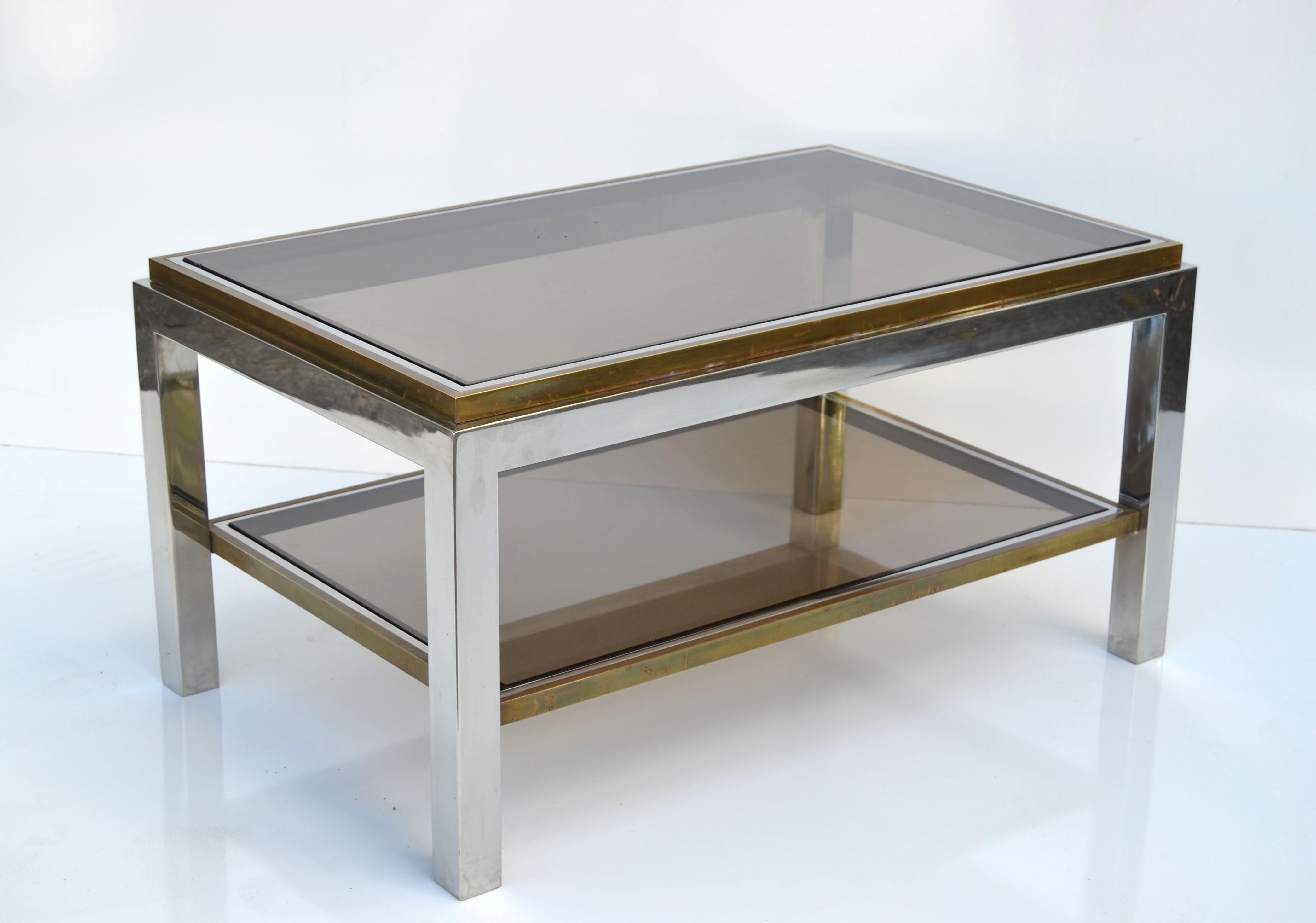 Signed Willy Rizzo Two-Tier Chrome & Brass Coffee Table Smoked Glass Italy 60s In Good Condition For Sale In Miami, FL