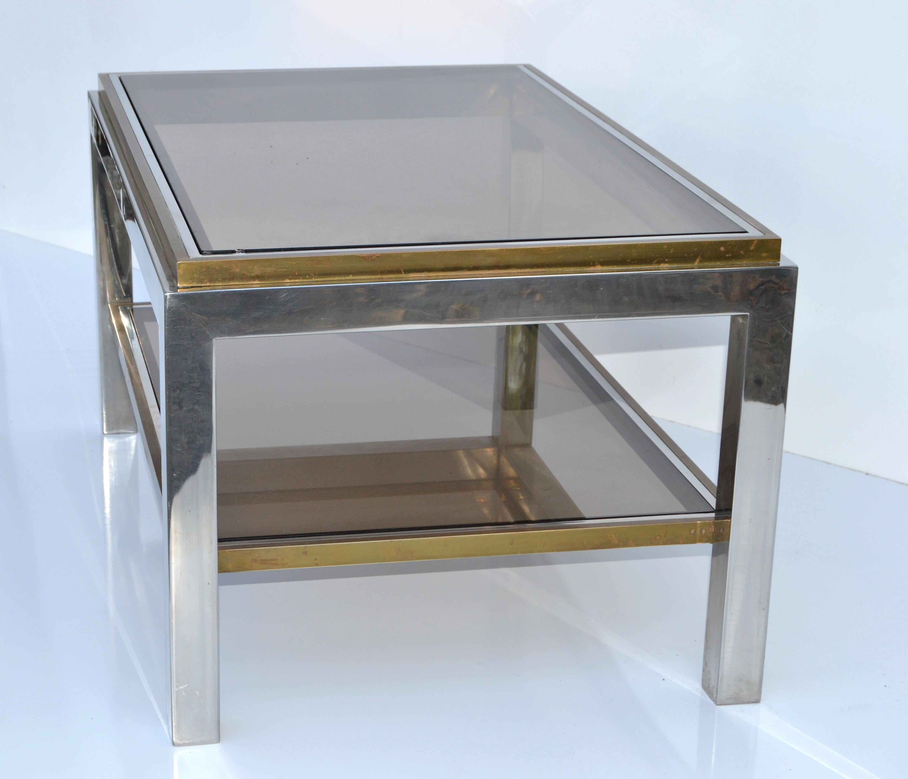 Signed Willy Rizzo Two-Tier Chrome & Brass Coffee Table Smoked Glass Italy 60s For Sale 1