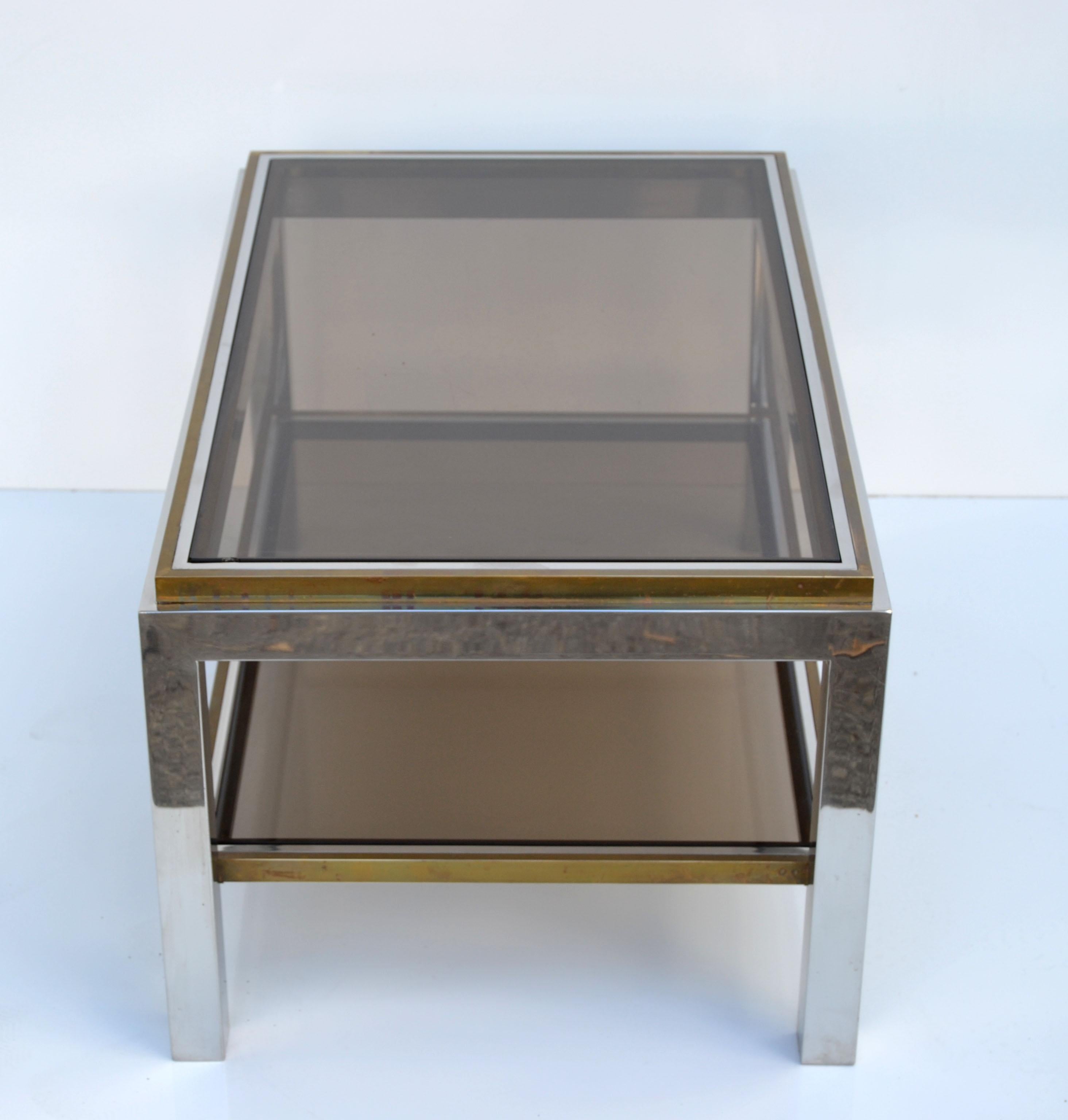 Signed Willy Rizzo Two-Tier Chrome & Brass Coffee Table Smoked Glass Italy 60s For Sale 2