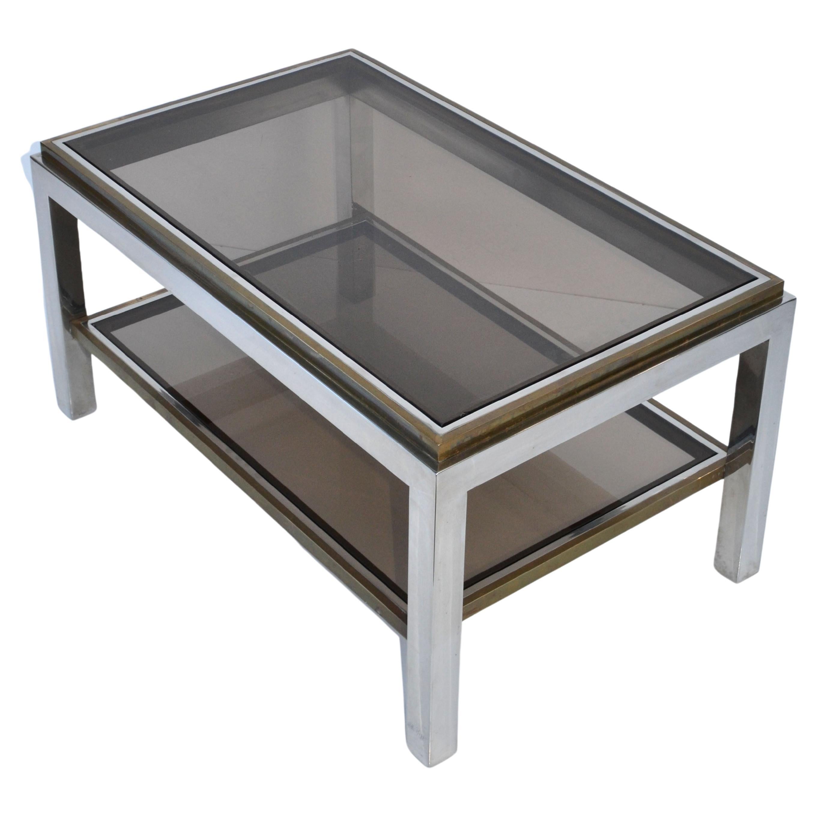 Signed Willy Rizzo Two-Tier Chrome & Brass Coffee Table Smoked Glass Italy 60s For Sale