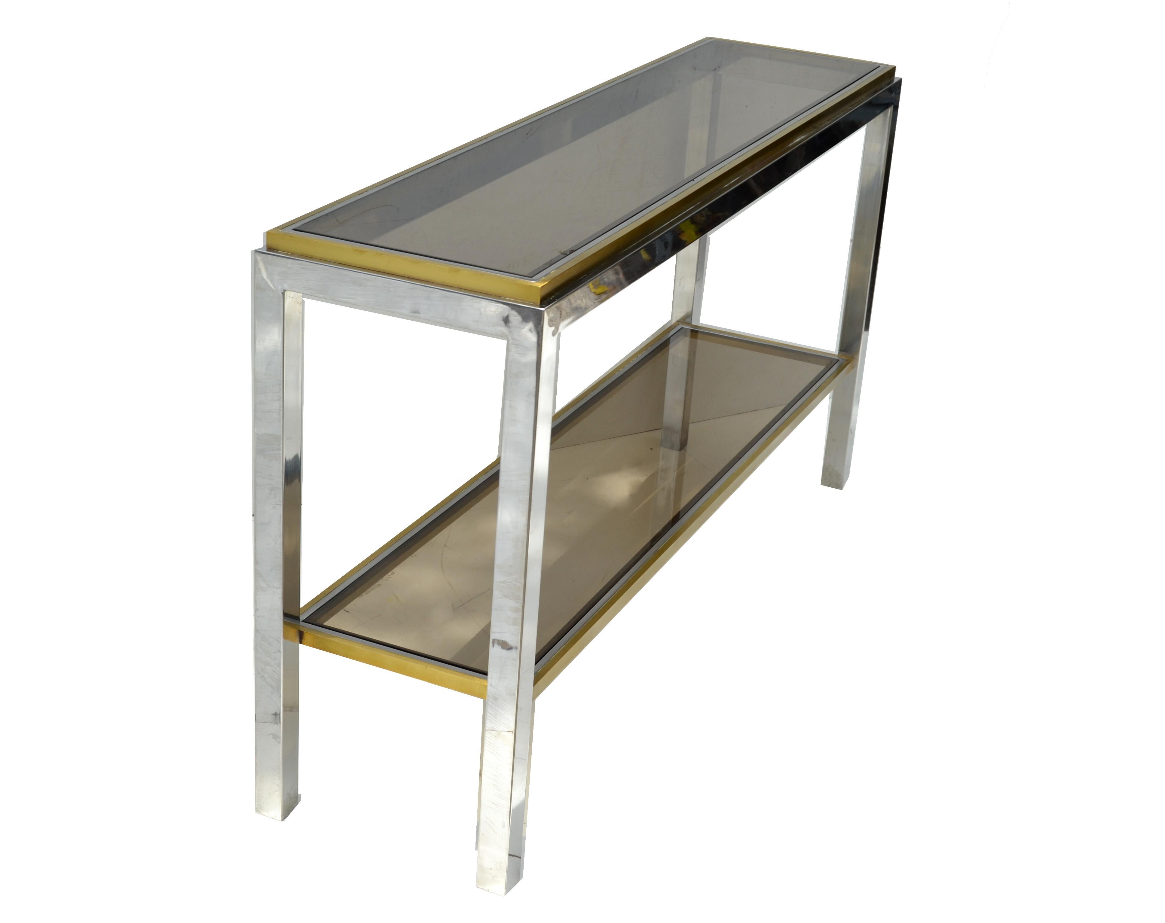 Mid-Century Modern Signed Willy Rizzo Two-Tier Chrome &  Brass Console Table Smoked Glass Italy 60s
