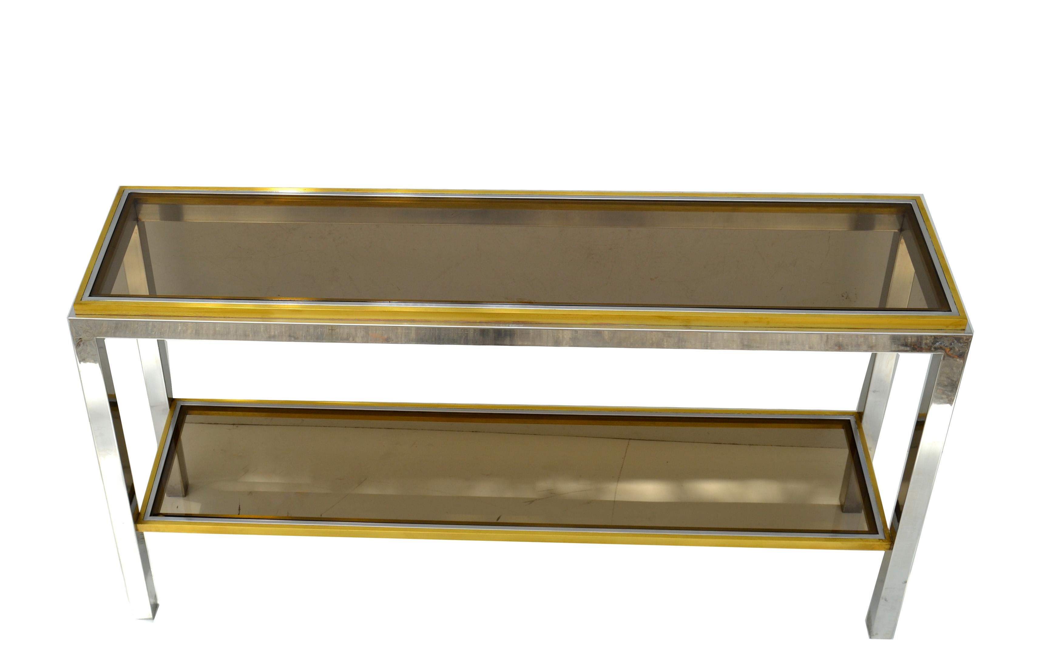 Italian Signed Willy Rizzo Two-Tier Chrome &  Brass Console Table Smoked Glass Italy 60s