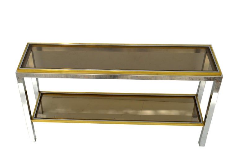 Italian Signed Willy Rizzo Two-Tier Chrome &  Brass Console Table Smoked Glass Italy 60s For Sale