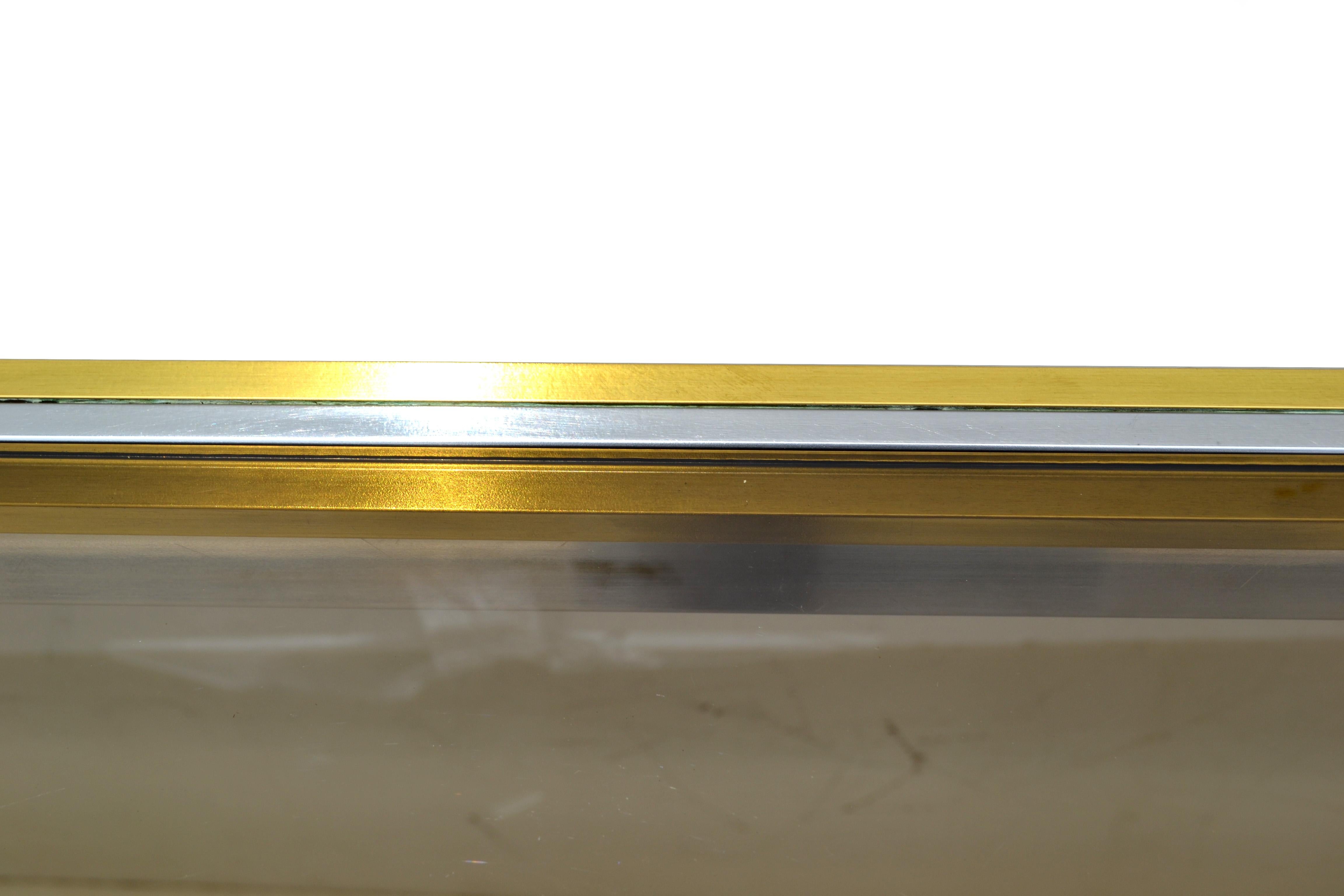 20th Century Signed Willy Rizzo Two-Tier Chrome &  Brass Console Table Smoked Glass Italy 60s