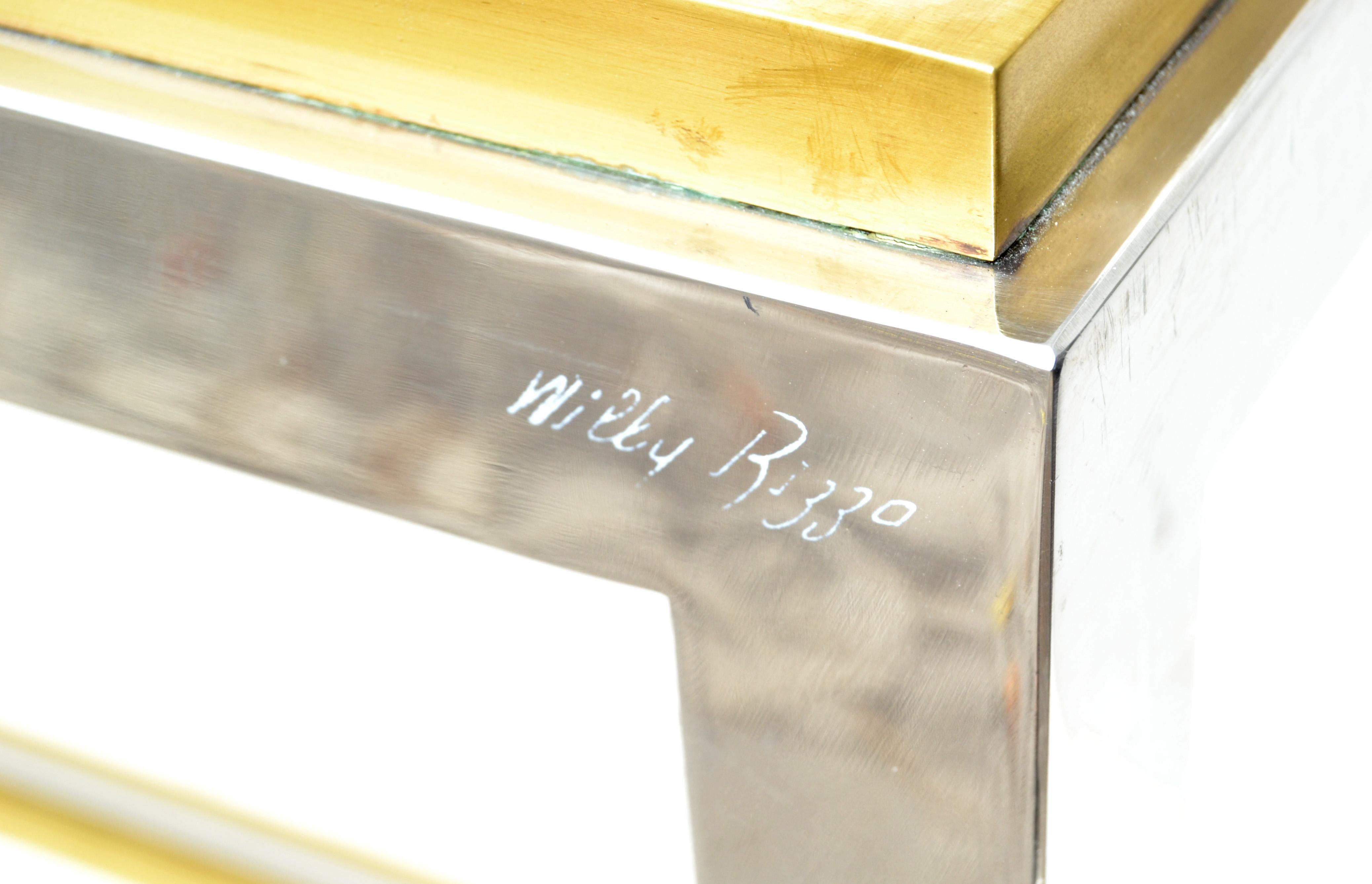 Signed Willy Rizzo Two-Tier Chrome &  Brass Console Table Smoked Glass Italy 60s 2
