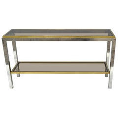 Signed Willy Rizzo Two-Tier Chrome &  Brass Console Table Smoked Glass Italy 60s