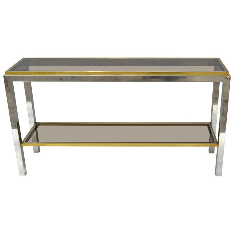 Signed Willy Rizzo Two-Tier Chrome &  Brass Console Table Smoked Glass Italy 60s For Sale