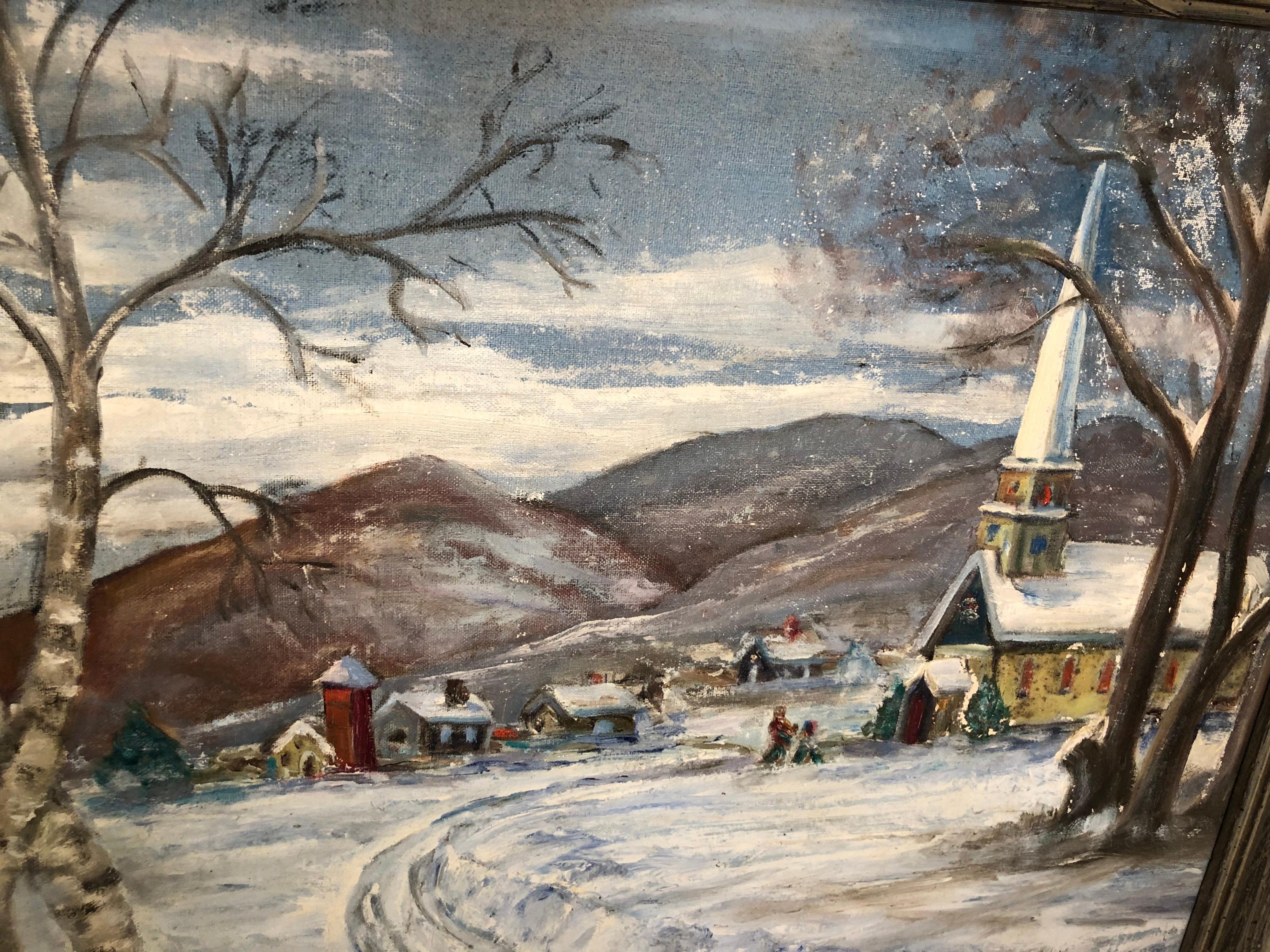 Signed Winter Church Scene by F. Michaels For Sale 4