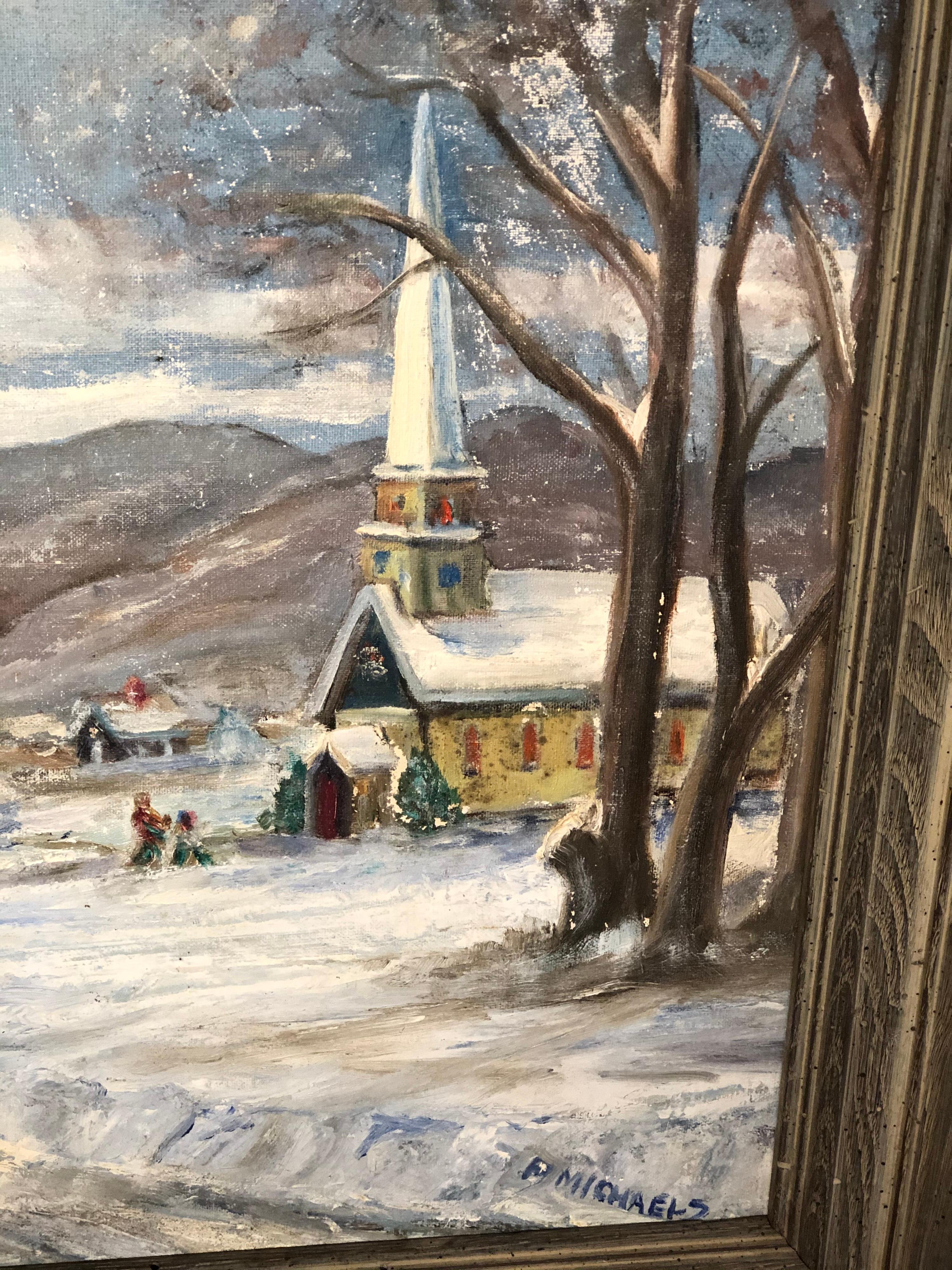Signed Winter Church Scene by F. Michaels For Sale 6