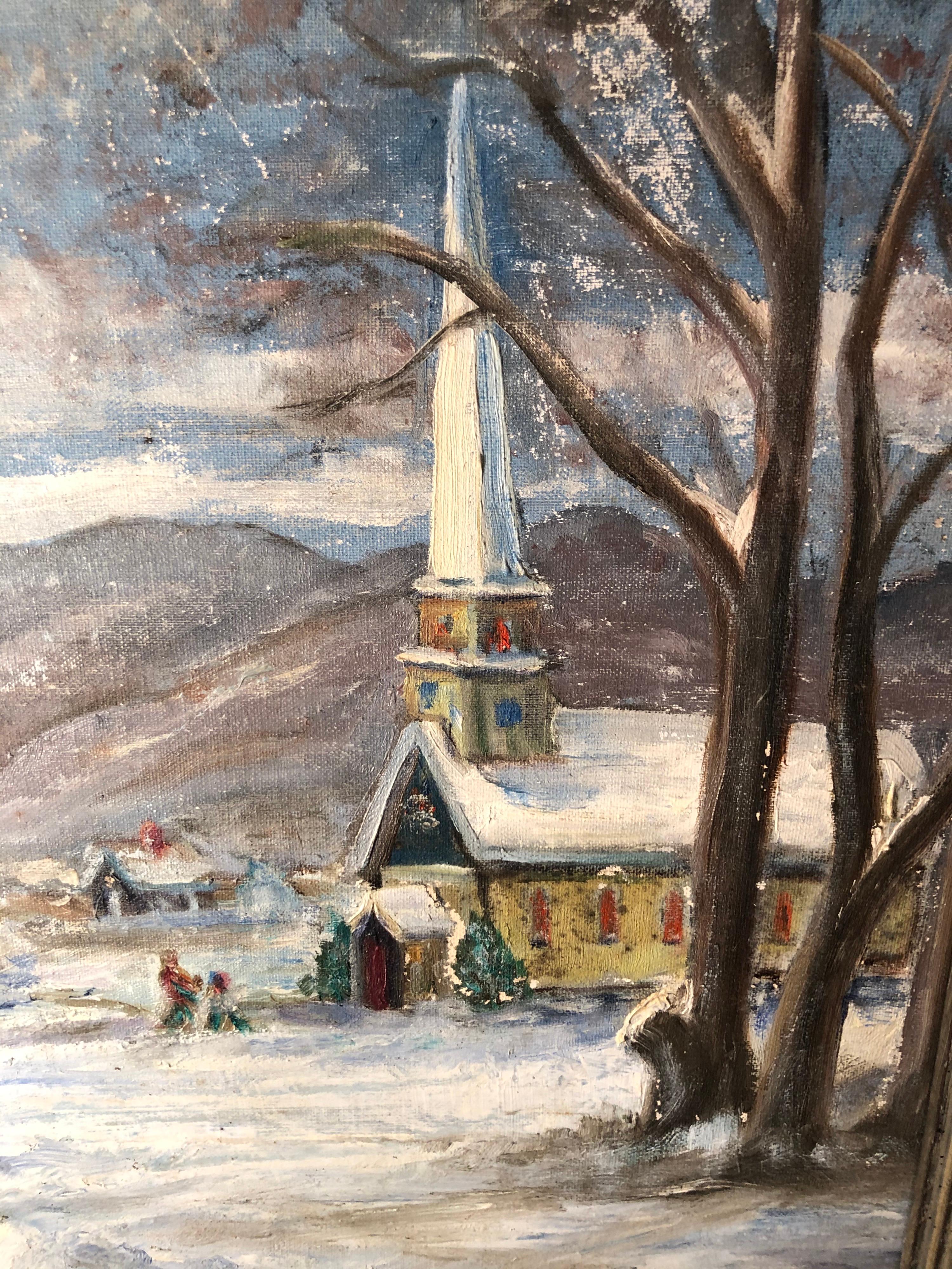 Signed Winter Church Scene by F. Michaels For Sale 11