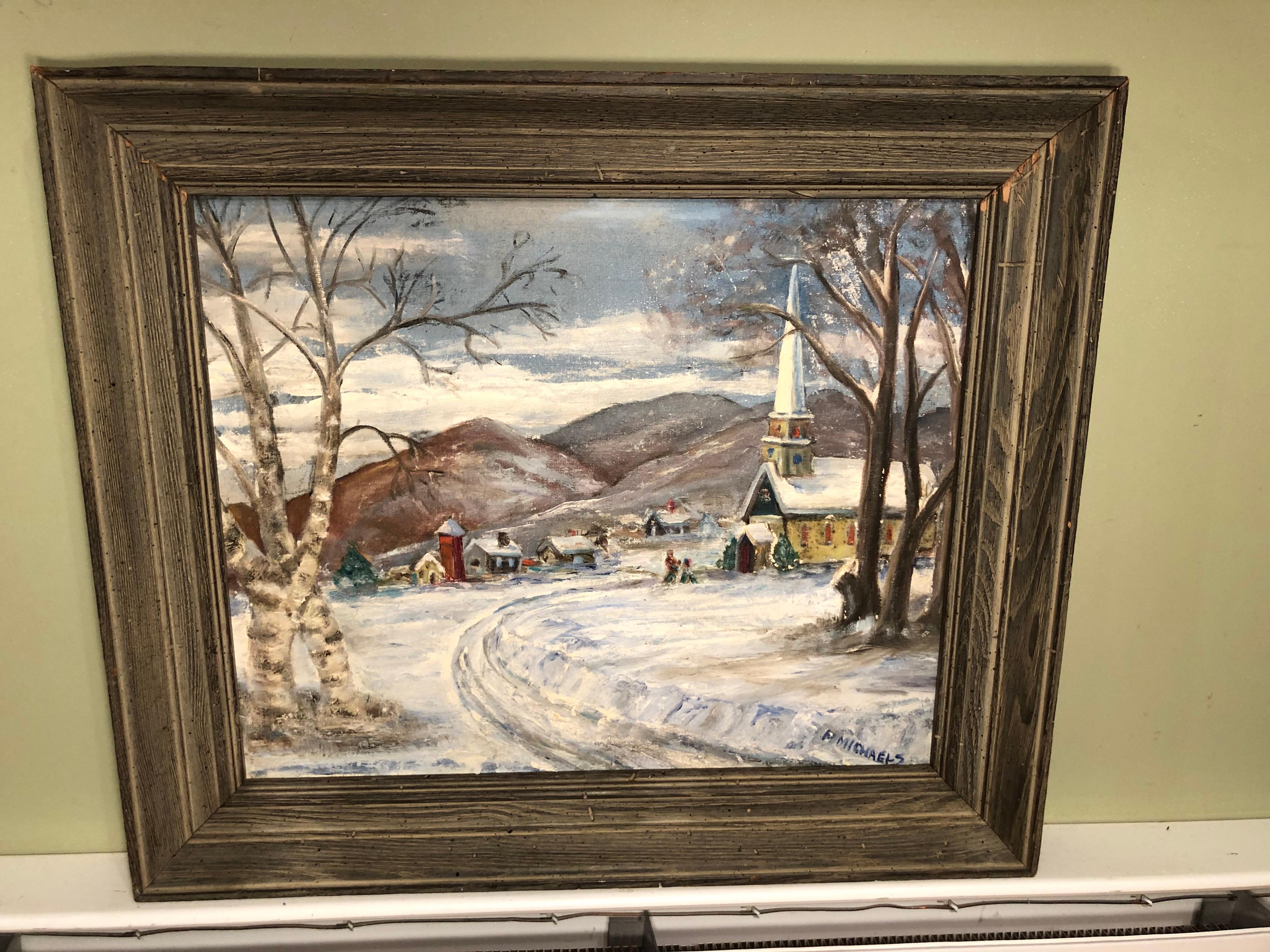 Scène d'église d'hiver signée par F. Michaels. Belle composition de la scène hivernale de la Nouvelle-Angleterre. Encadré dans un cadre en bois massif. Signé en bas à droite.
