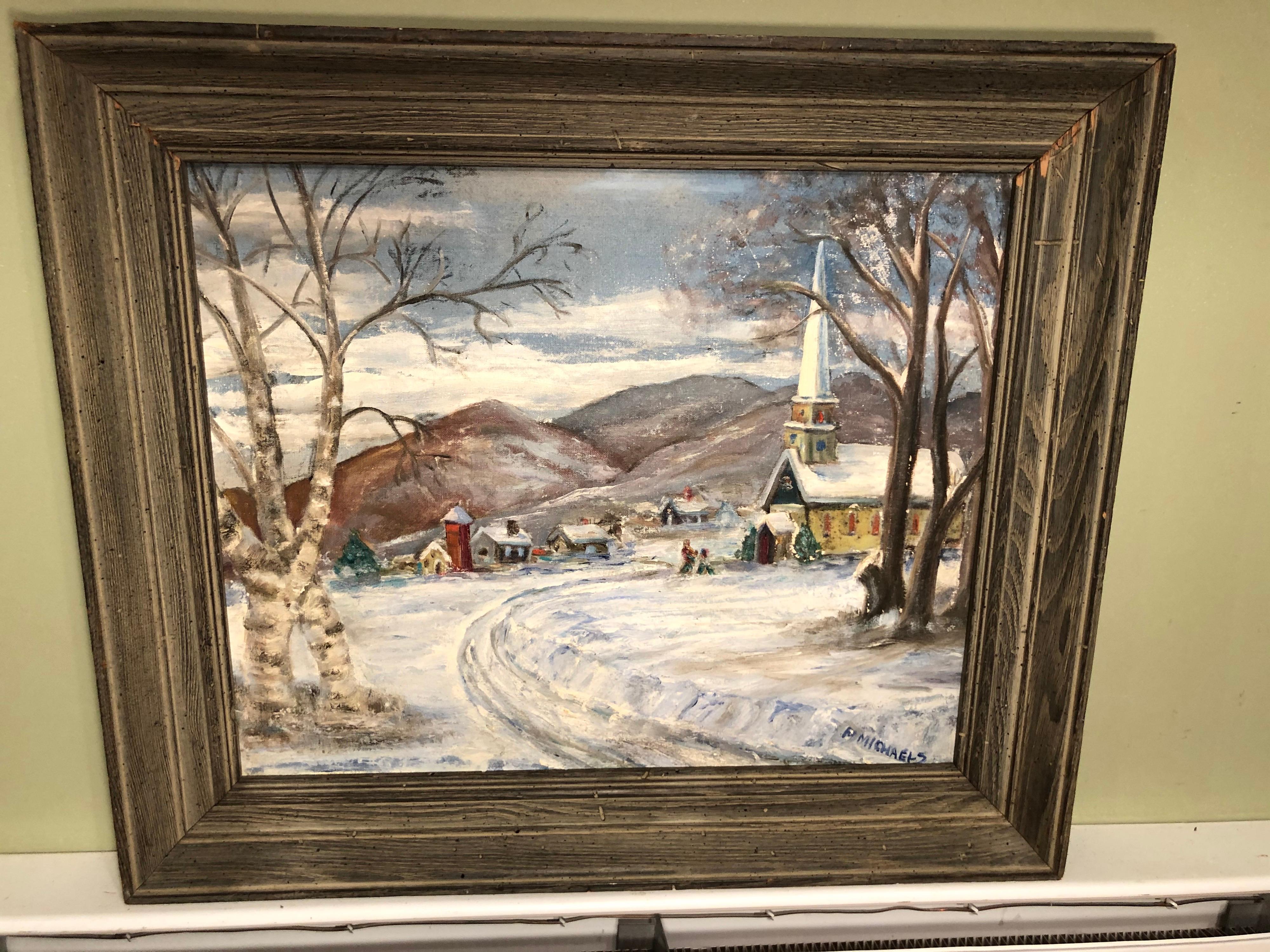Scène d'église d'hiver signée par F. Michaels Bon état - En vente à Redding, CT
