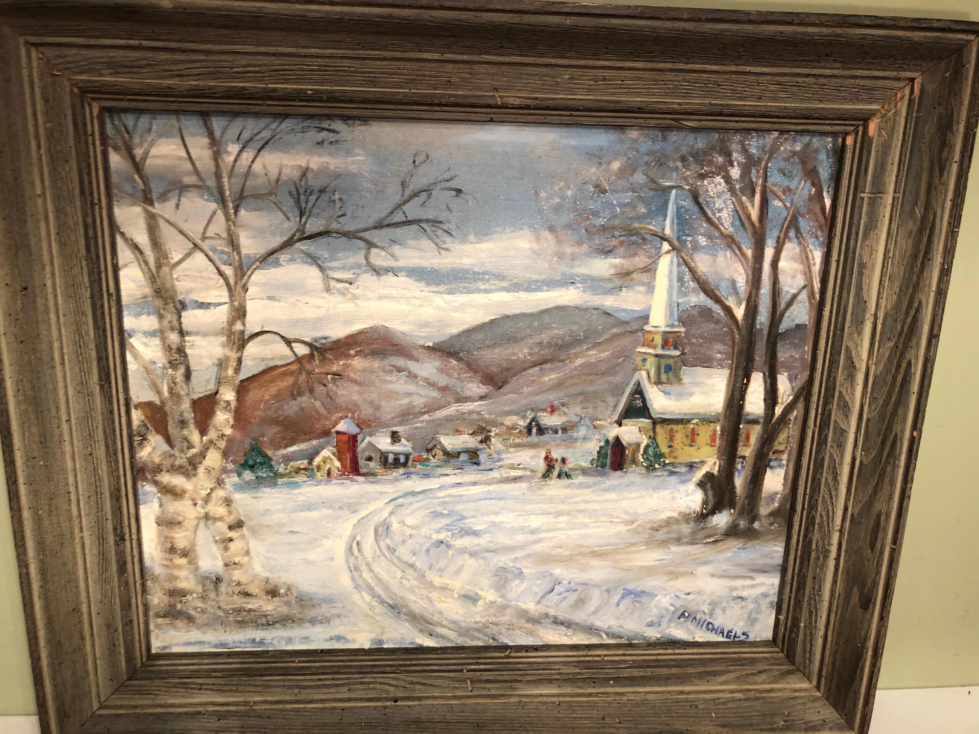 Signed Winter Church Scene by F. Michaels In Good Condition For Sale In Redding, CT