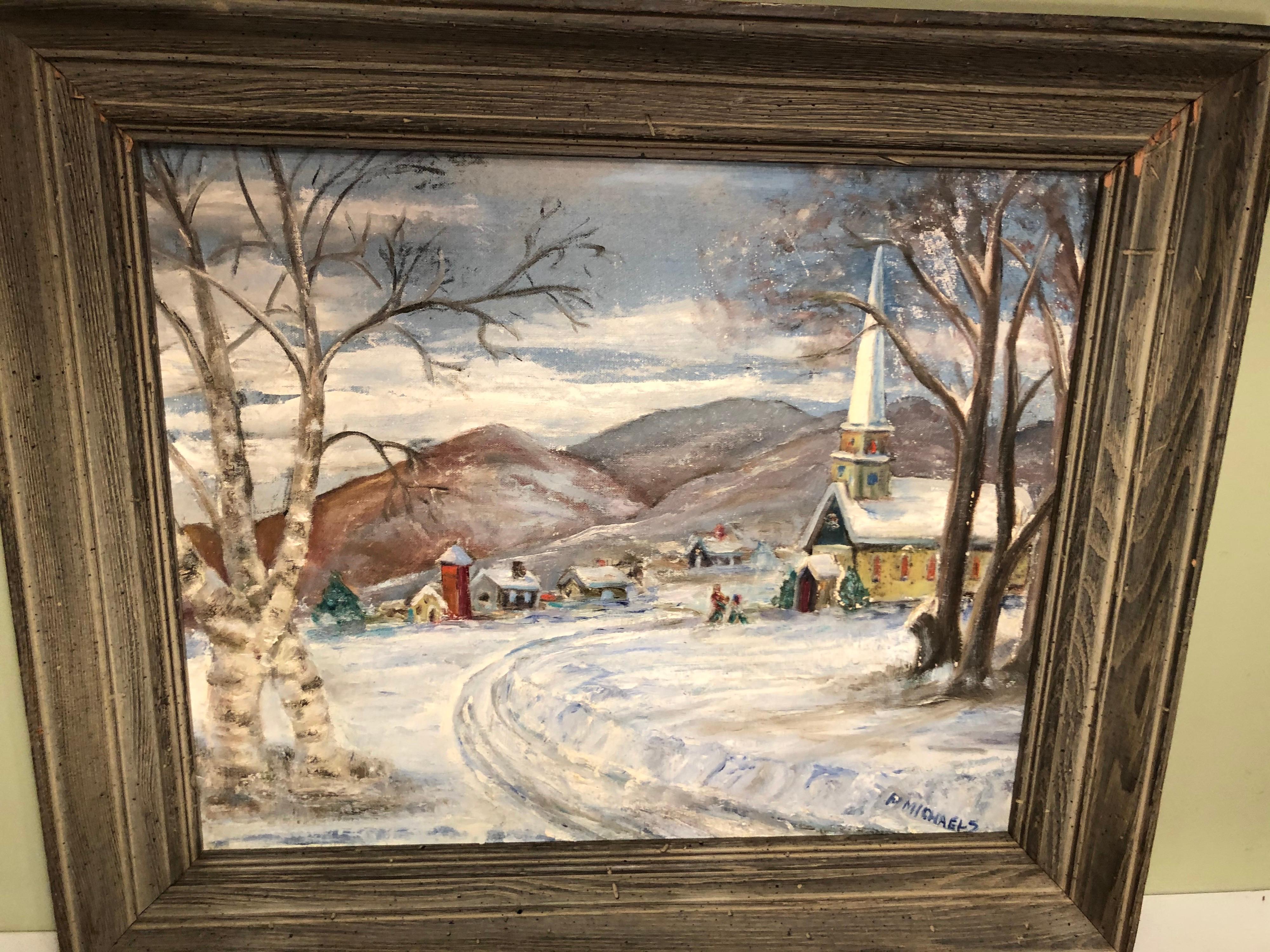 Mid-20th Century Signed Winter Church Scene by F. Michaels For Sale