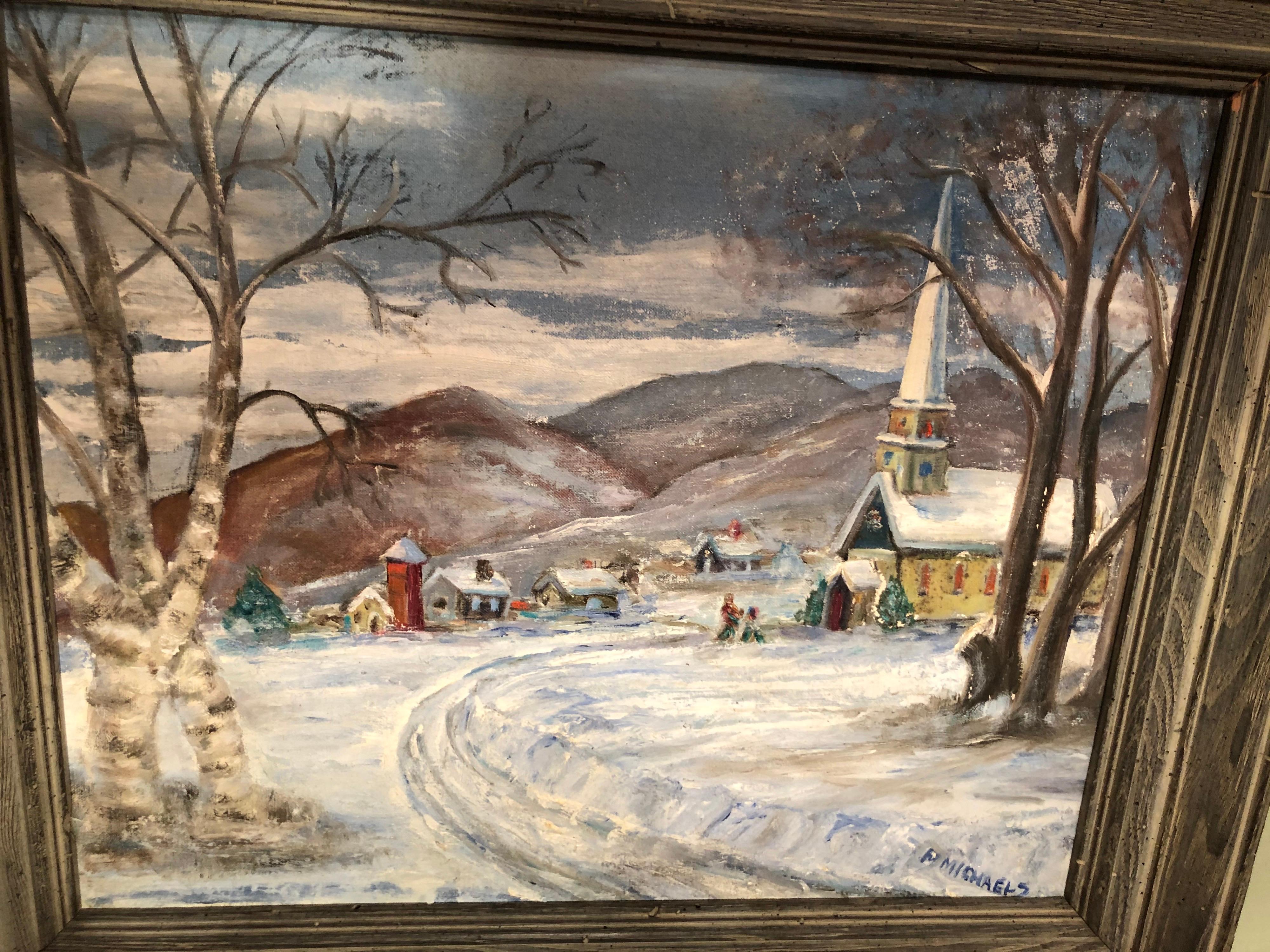Canvas Signed Winter Church Scene by F. Michaels For Sale