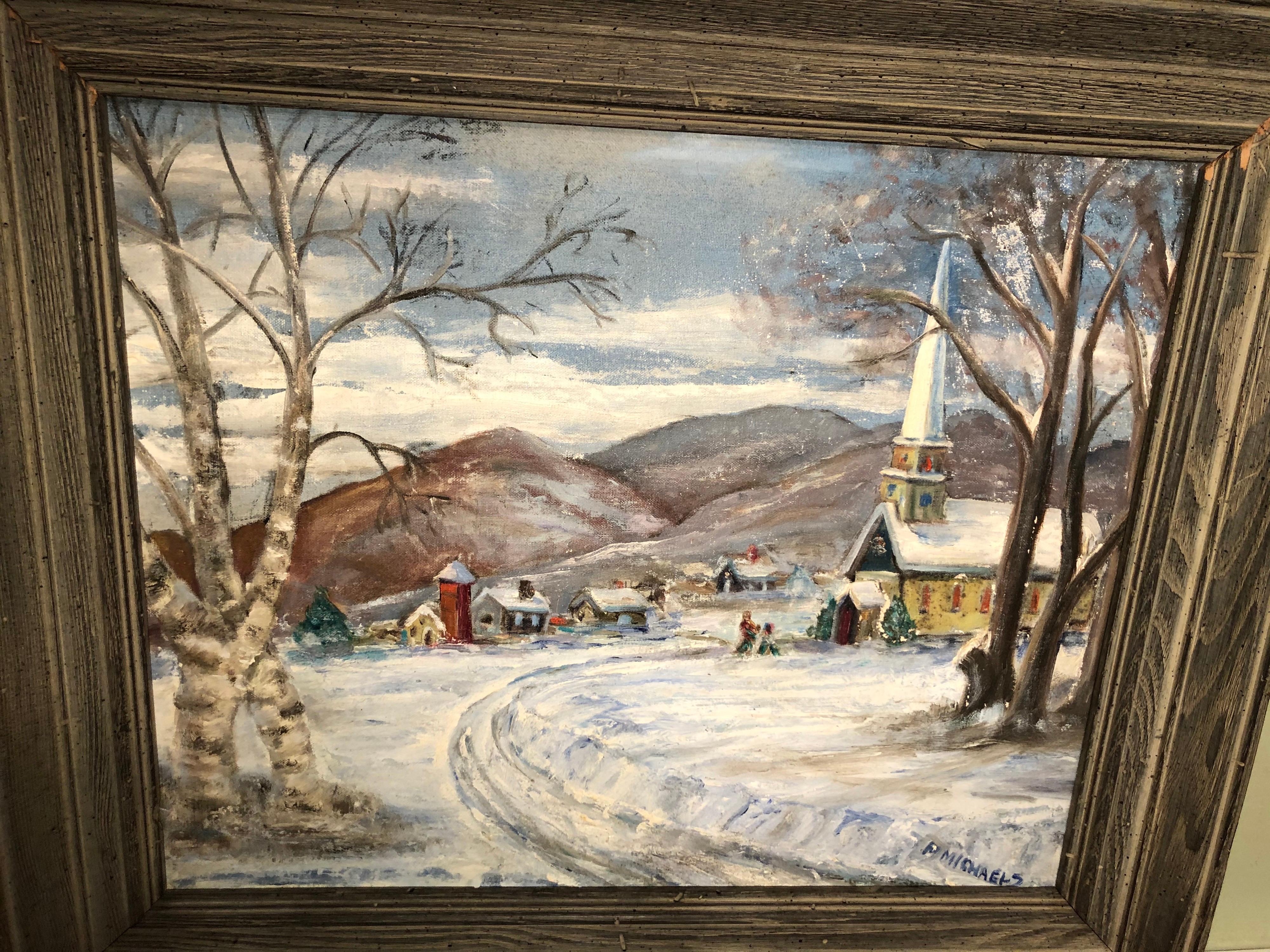 Signed Winter Church Scene by F. Michaels For Sale 1