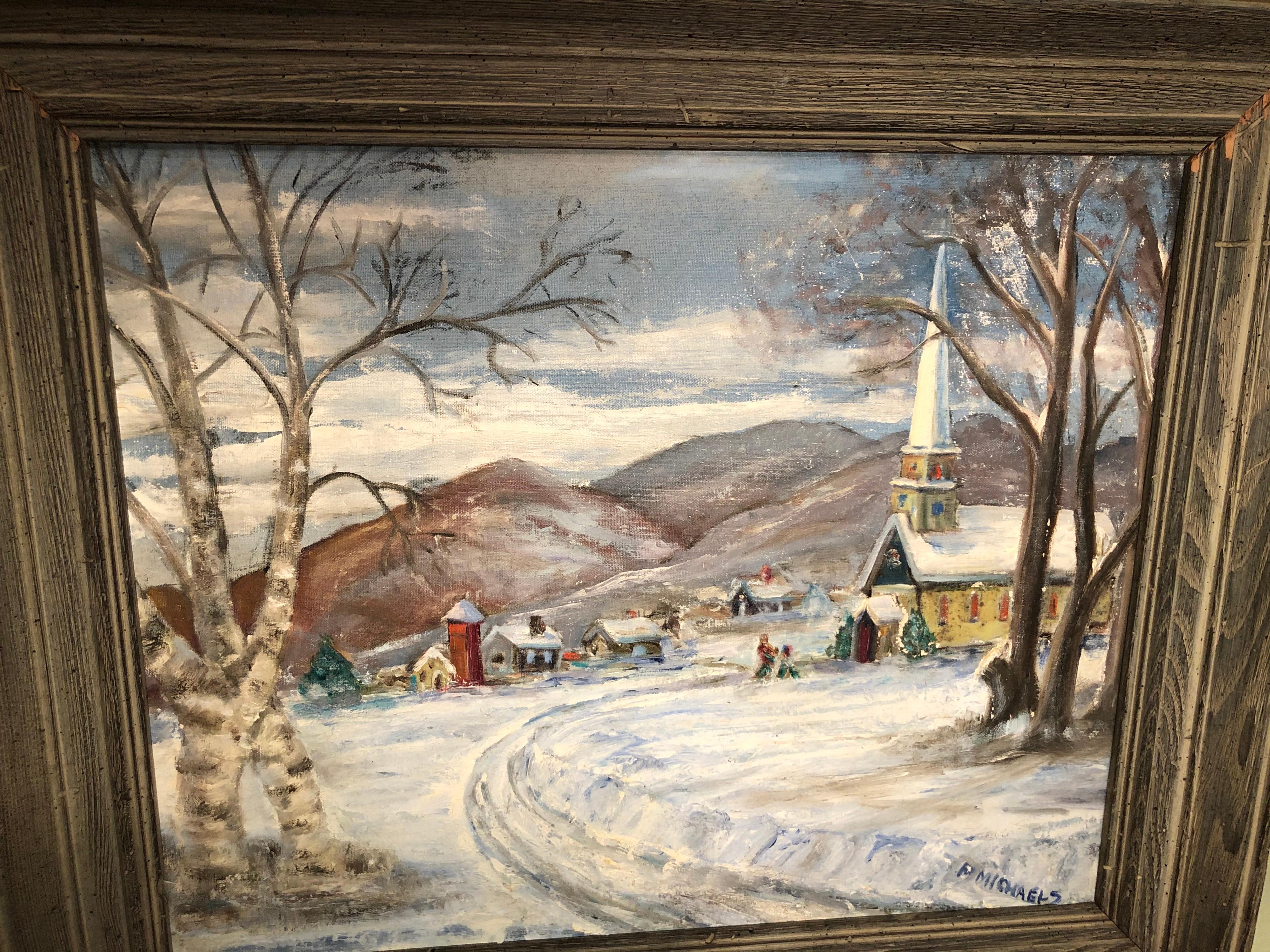 Signed Winter Church Scene by F. Michaels For Sale 2