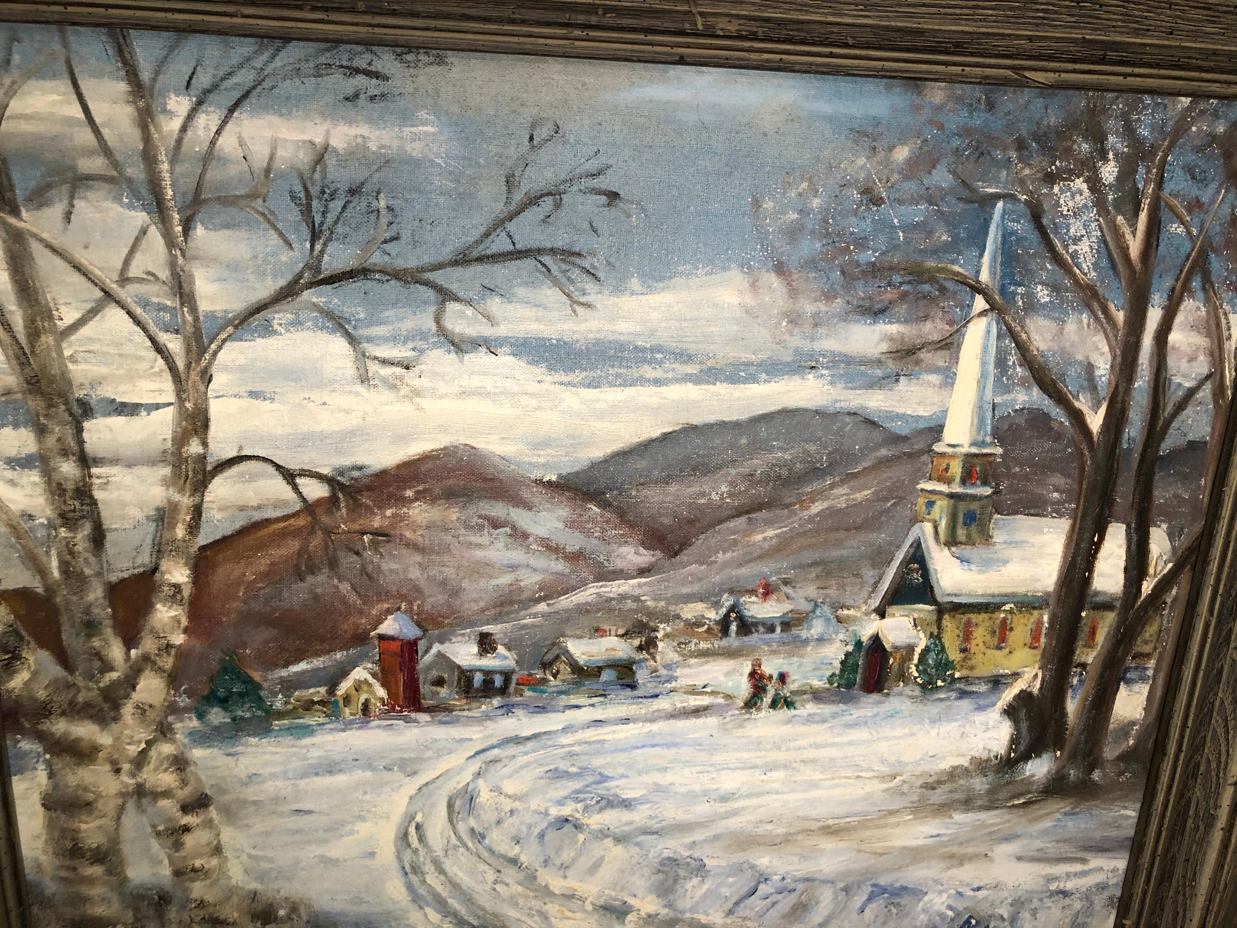 Signed Winter Church Scene by F. Michaels For Sale 3