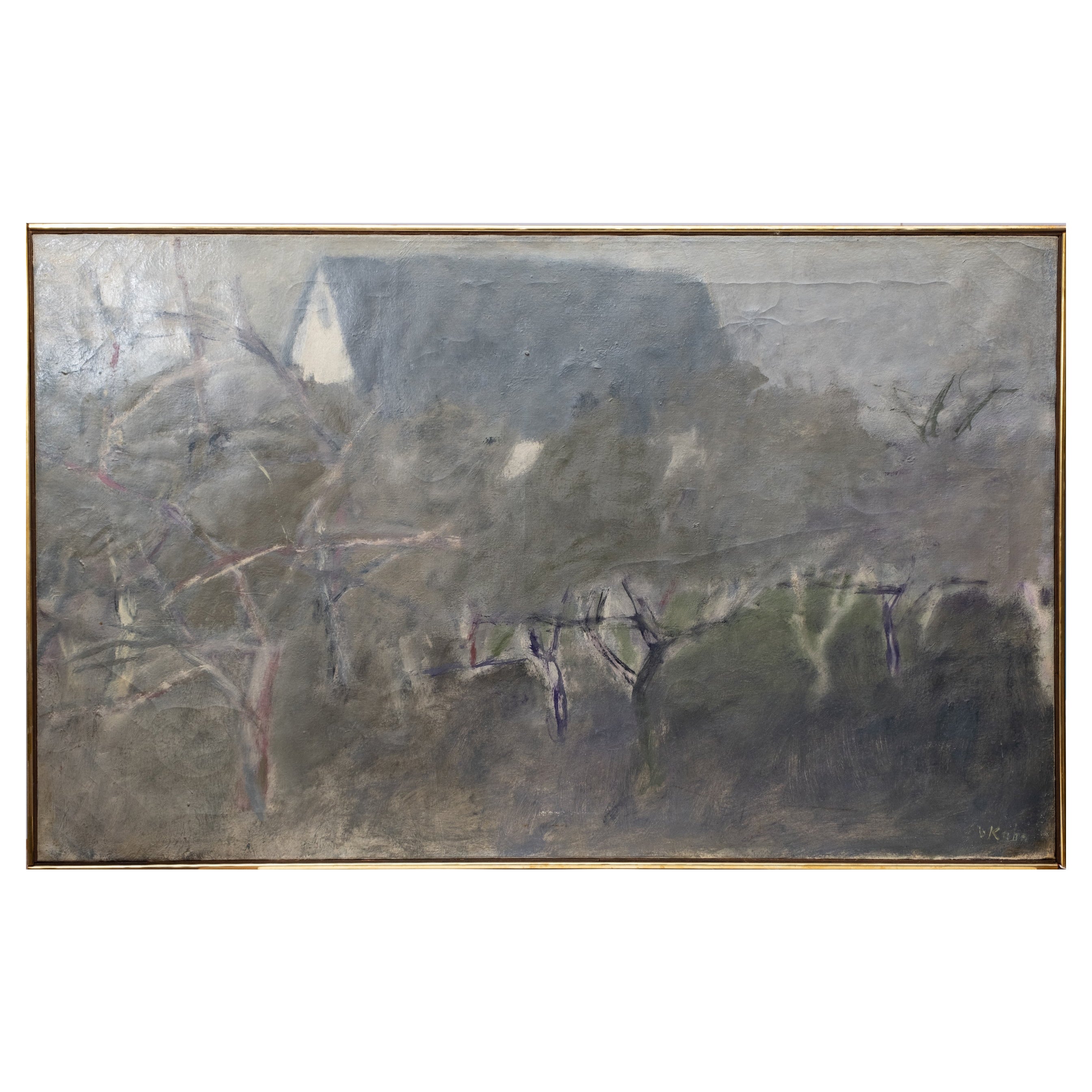 Signed Wolf Kahn, 
Young Apple Trees 
Barn
. Oil painting on Canvas, circa 1969