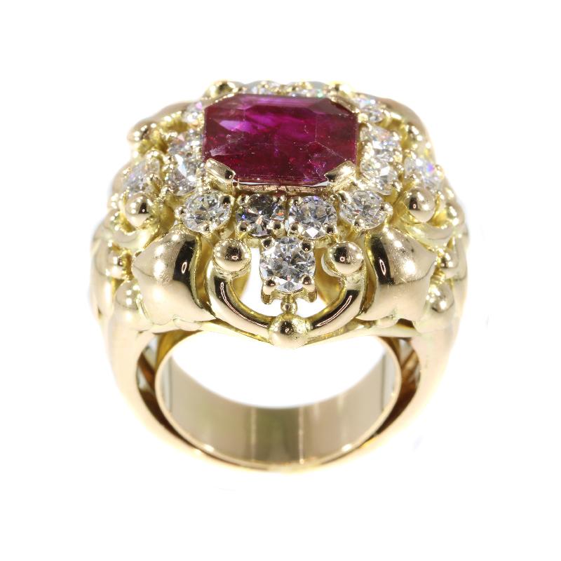 Retro Signed Wolfers 6 Carat Untreated Ruby and Diamond Cocktail Ring, 1950s
