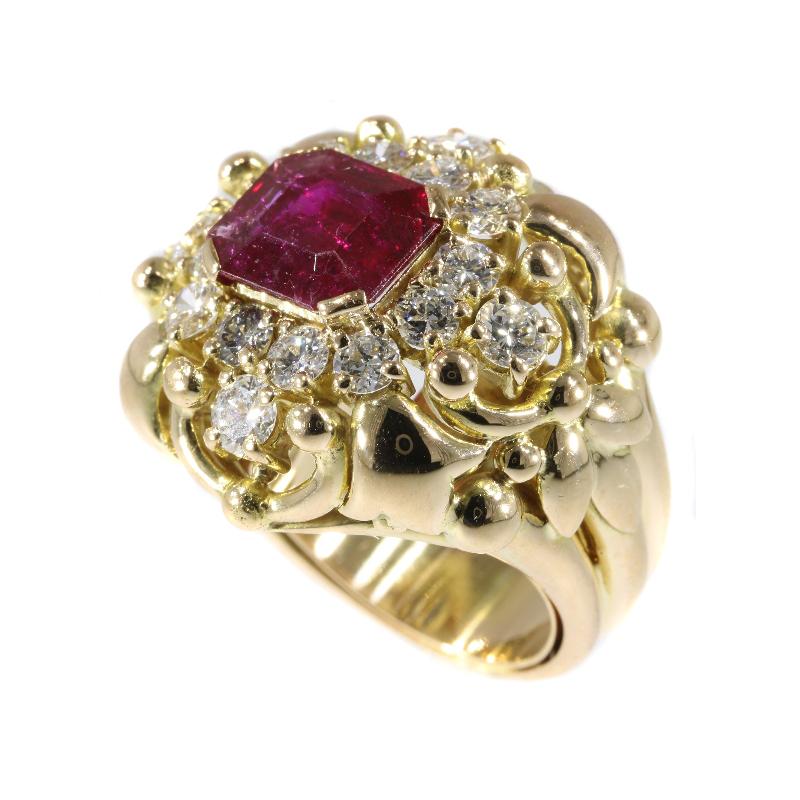 Women's or Men's Signed Wolfers 6 Carat Untreated Ruby and Diamond Cocktail Ring, 1950s