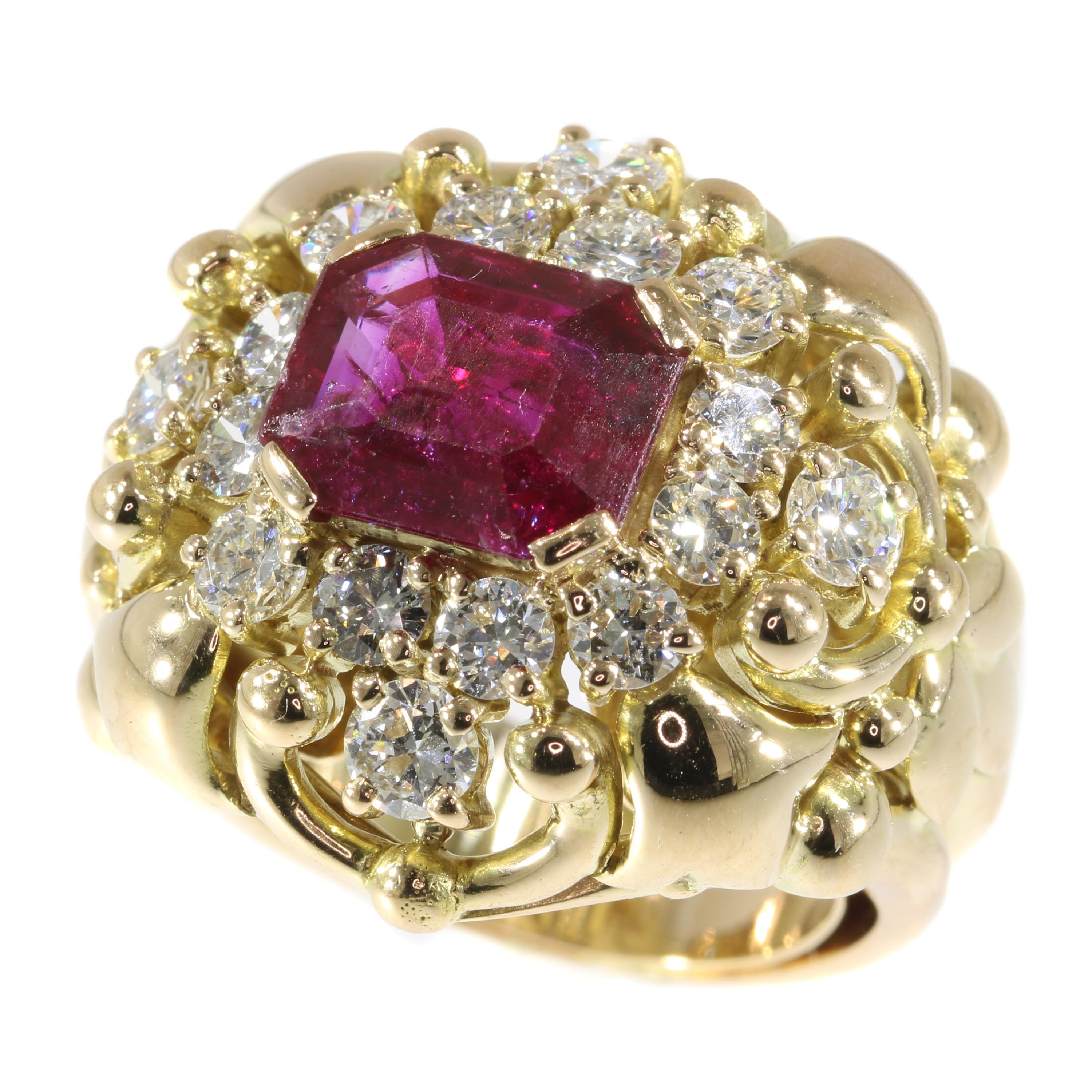 Signed Wolfers 6 Carat Untreated Ruby and Diamond Cocktail Ring, 1950s