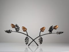 Signed Wrought Iron & Wood Acorn Wall Coat Rack, 1960s