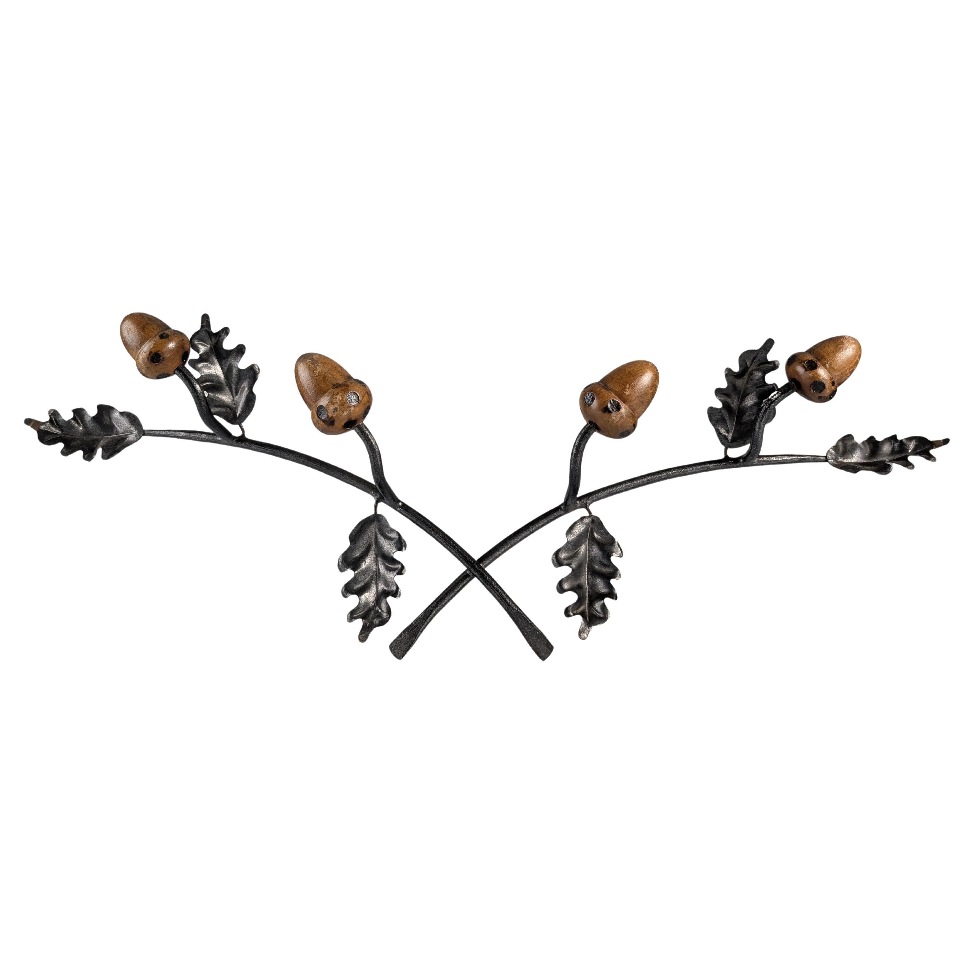 Signed Wrought Iron 
Wood Acorn Wall Coat Rack, 1960s For Sale
