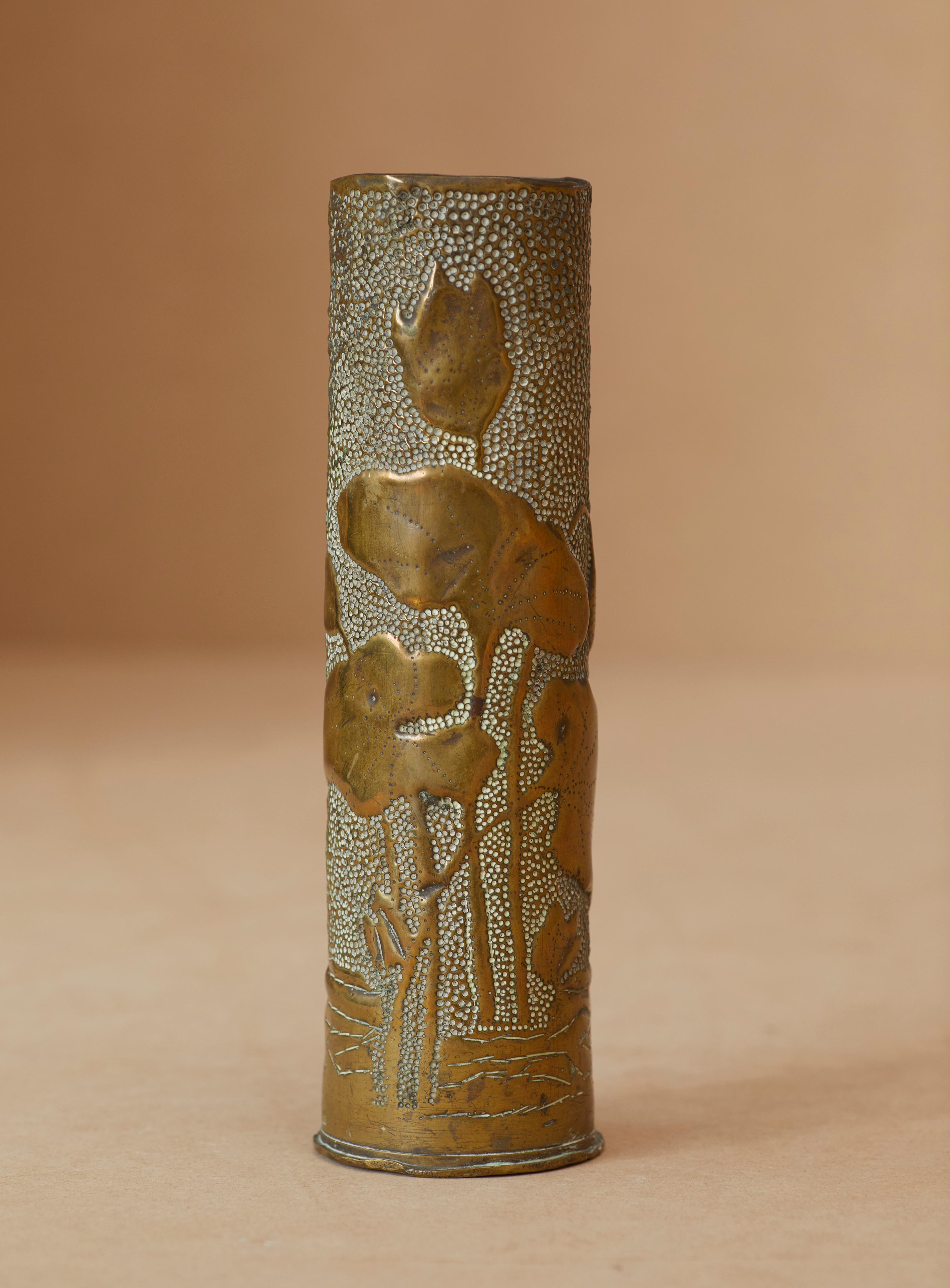 Early 20th Century Signed WW1 French Trench Art, Art Deco Artillery Brass Shell Casing Vase