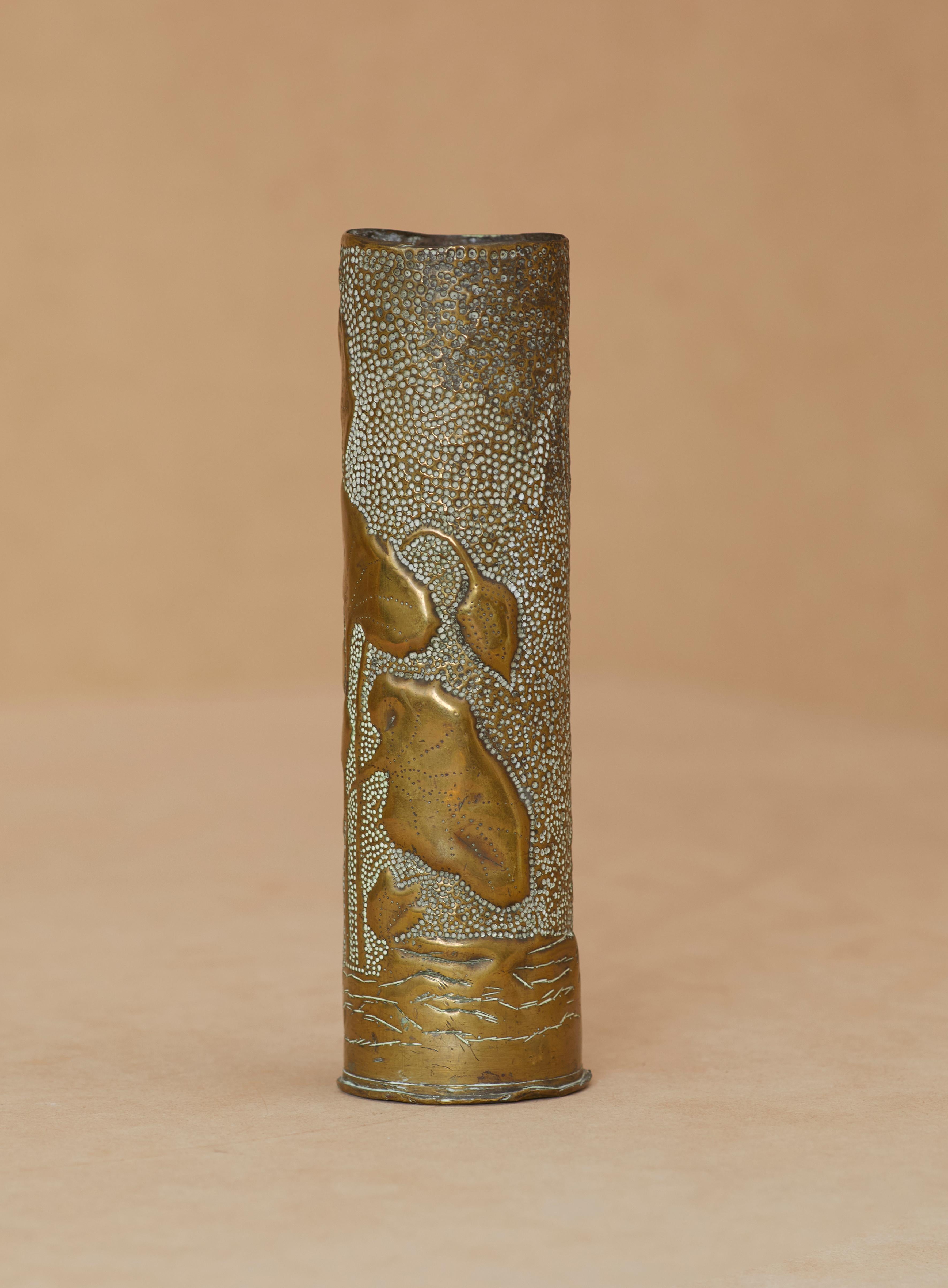 Signed WW1 French Trench Art, Art Deco Artillery Brass Shell Casing Vase 1