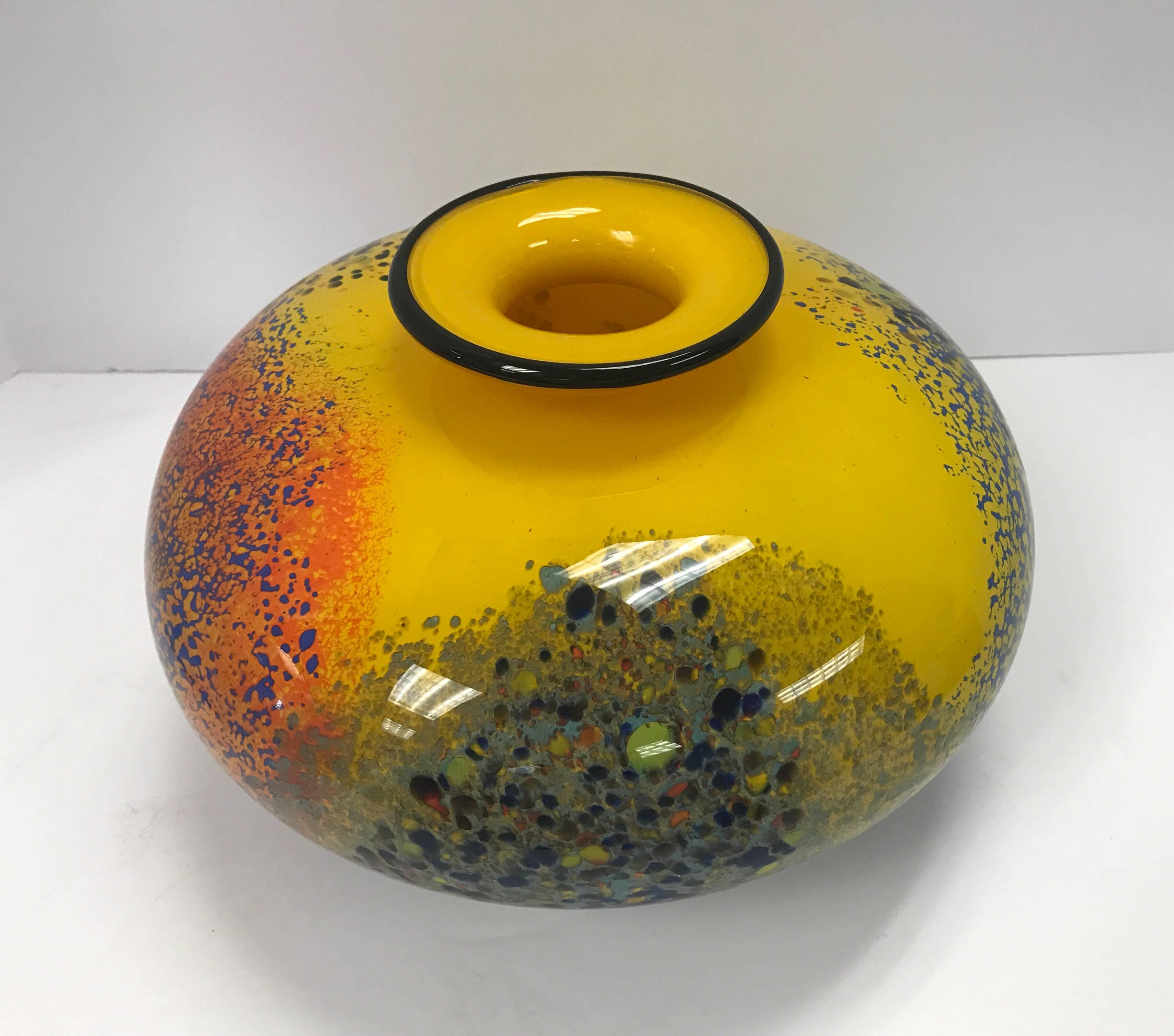Mid-Century Modern Signed Yellow Hand Blown Art Glass Vase, Italy