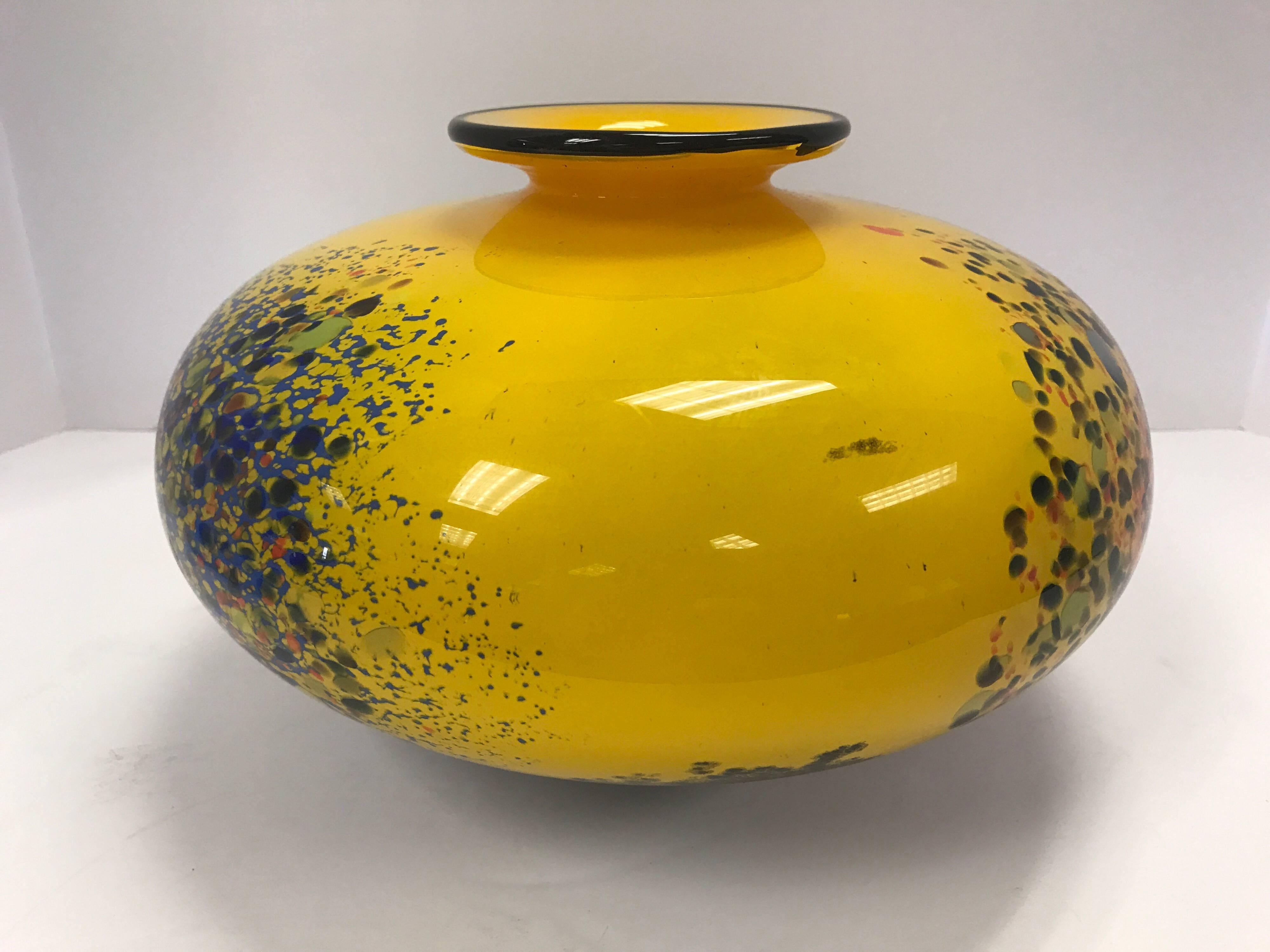 Italian Signed Yellow Hand Blown Art Glass Vase, Italy