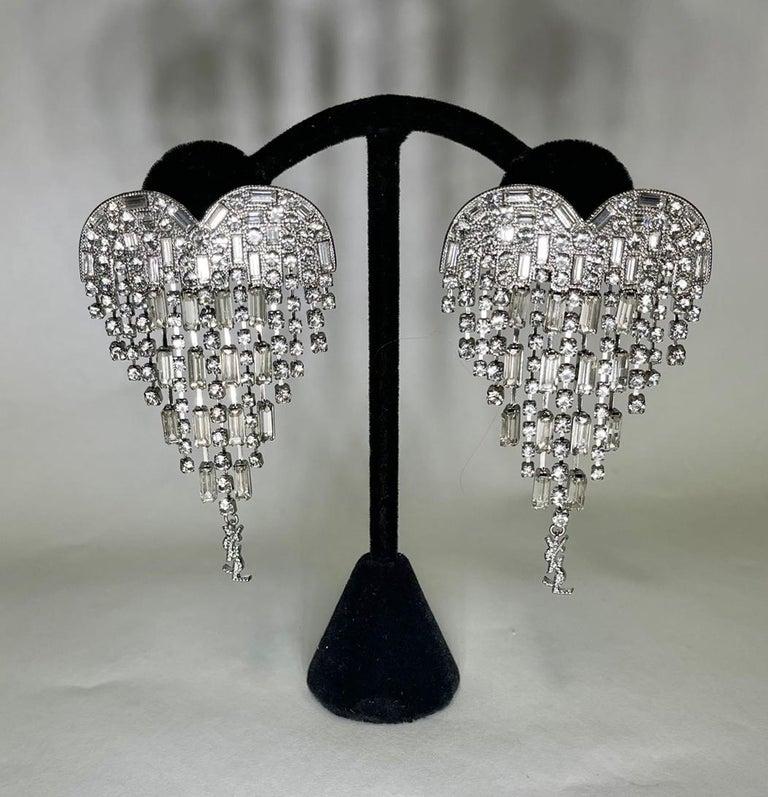 Modern Signed Yves Saint Laurent Sparkling Crystal Heart Dangle Statement Clip Earrings For Sale