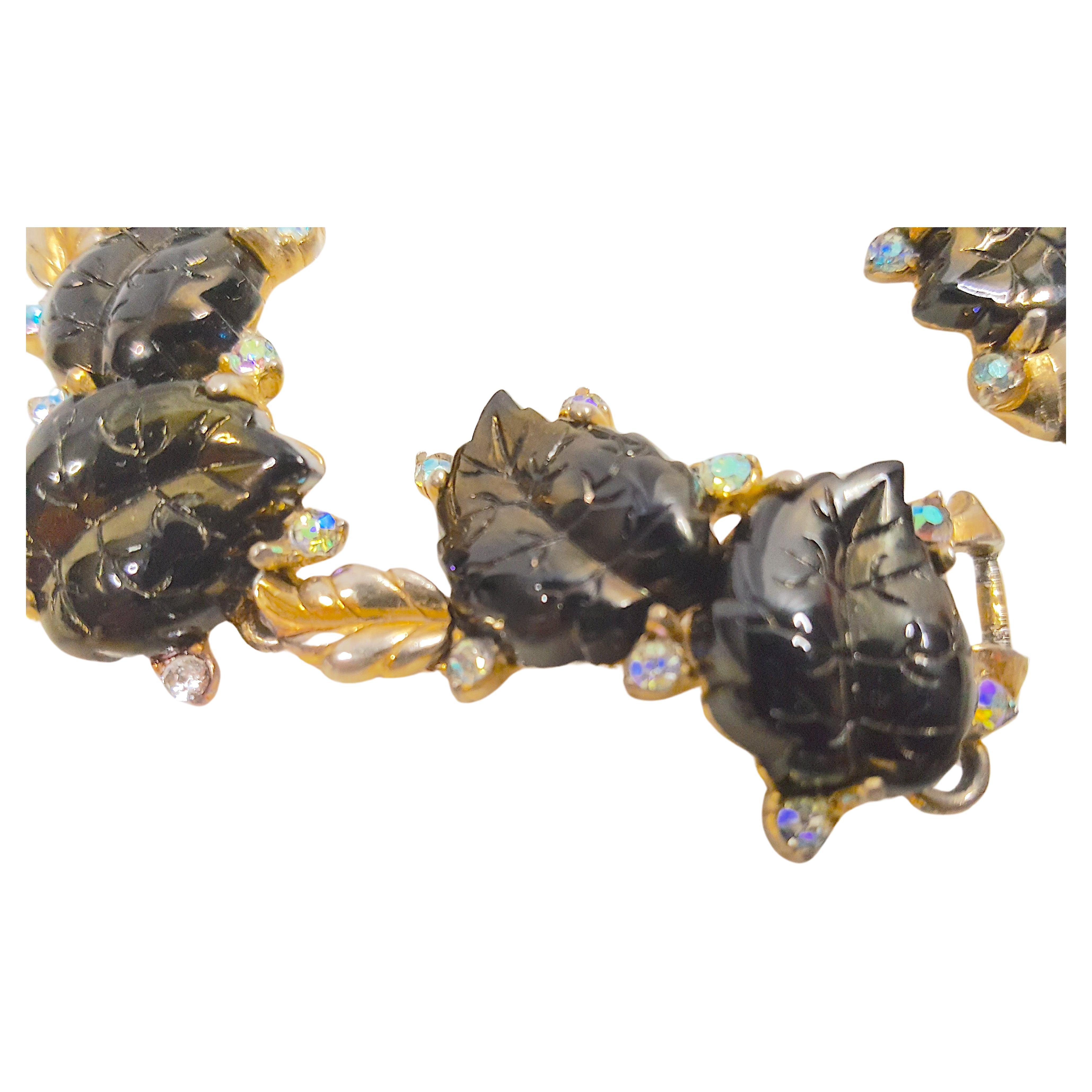 SignedSchiaparelli MidCentury LeavesMotif AustrianCrystals GiltLinks Bracelet For Sale