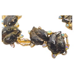 Schiaparelli Signed MidCentury LeavesMotif Austrian Crystals Gilt Link Bracelet