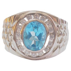 Used No Reserve- Signet 1.50ct Oval Blue Topaz & CZ Sterling Silver Men's Ring