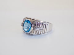 Signet 3.30ct Oval Blue Topaz & Quartz Sterling Silver Men's Band Ring, Size 9.5
