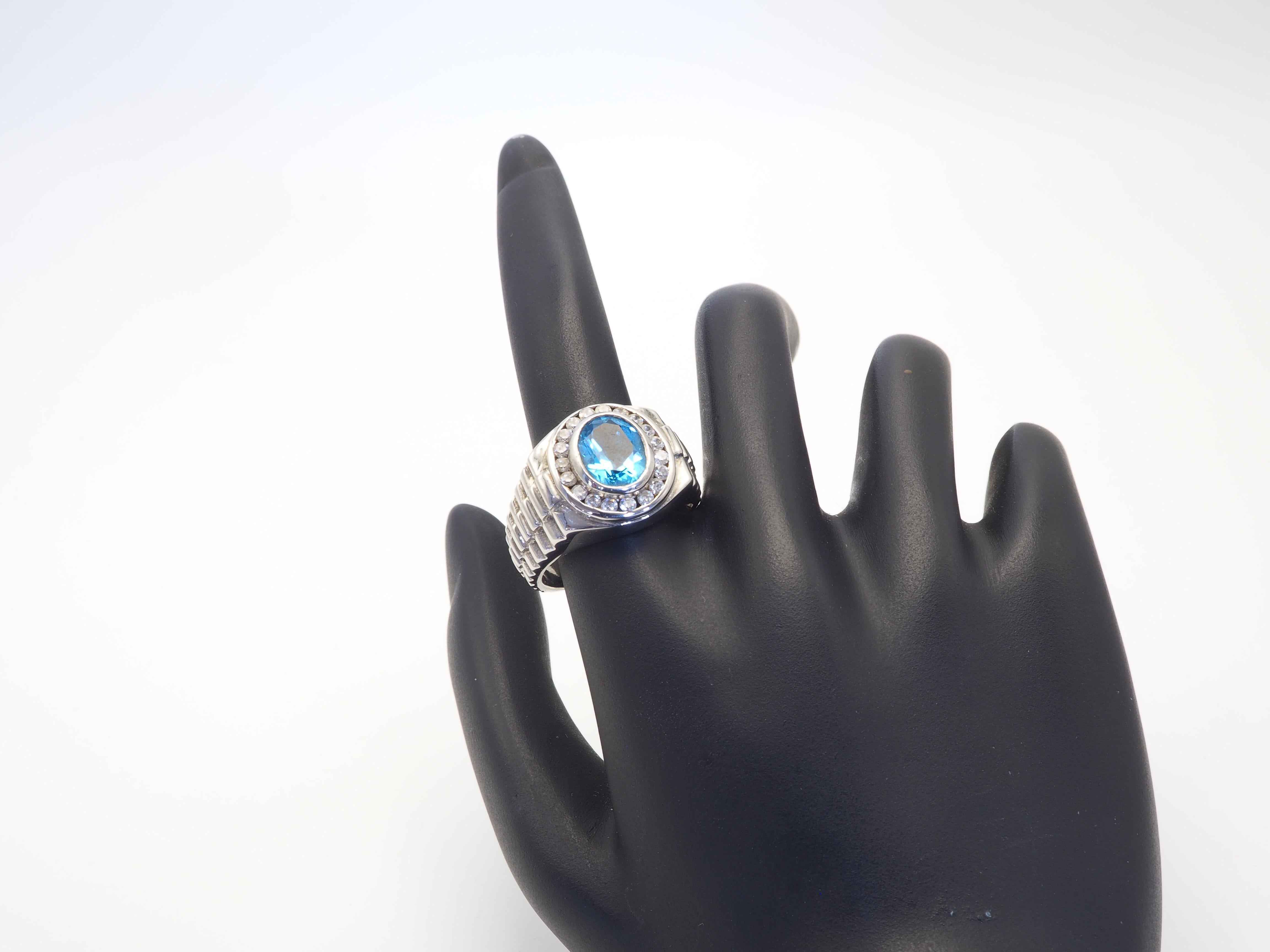  Signet 3.30ct Oval Blue Topaz & Quartz Sterling Silver Men's Wristwatch Ring Pour hommes 