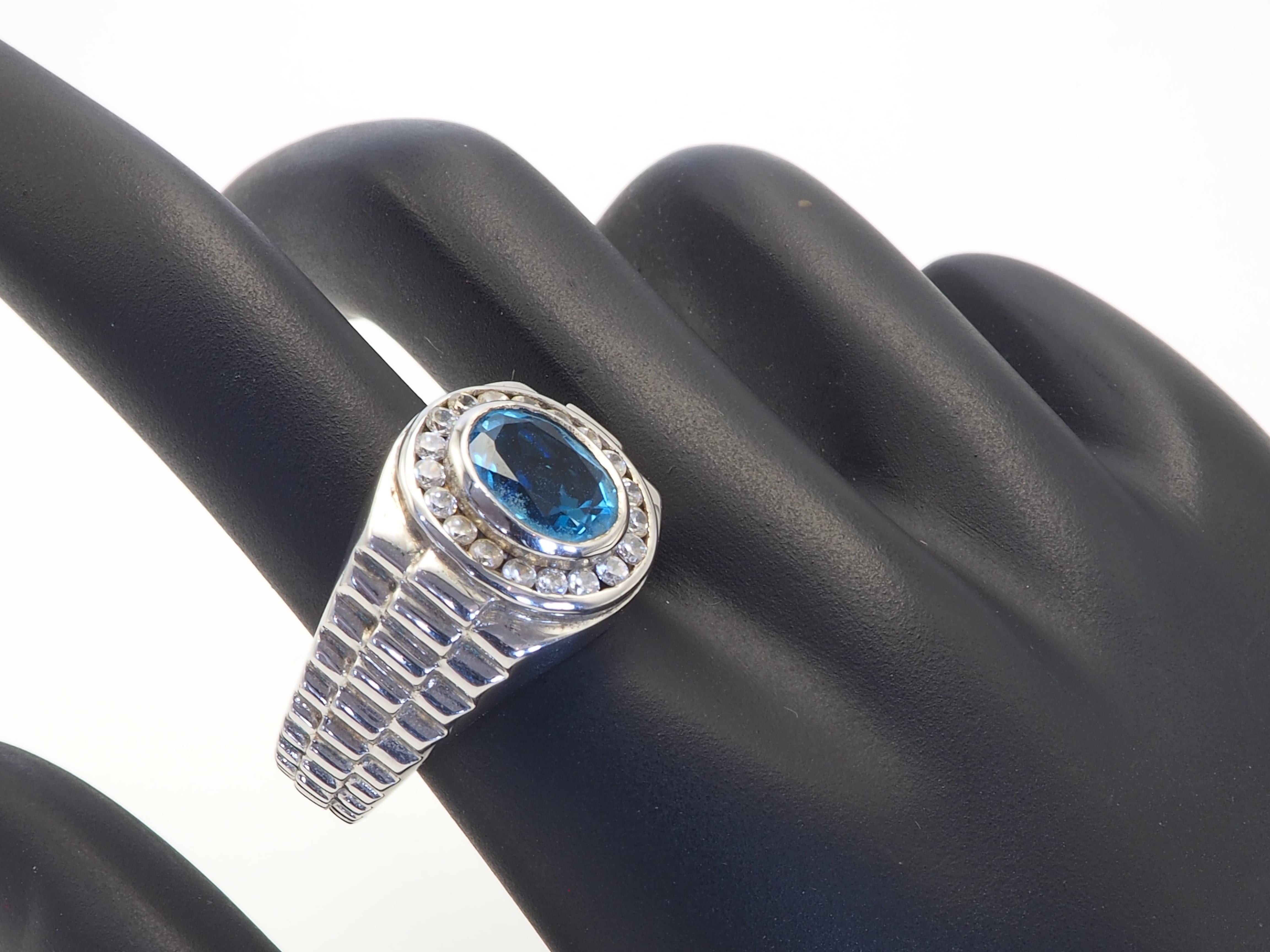 Signet 3.30ct Oval Blue Topaz & Quartz Sterling Silver Men's Wristwatch Ring 1