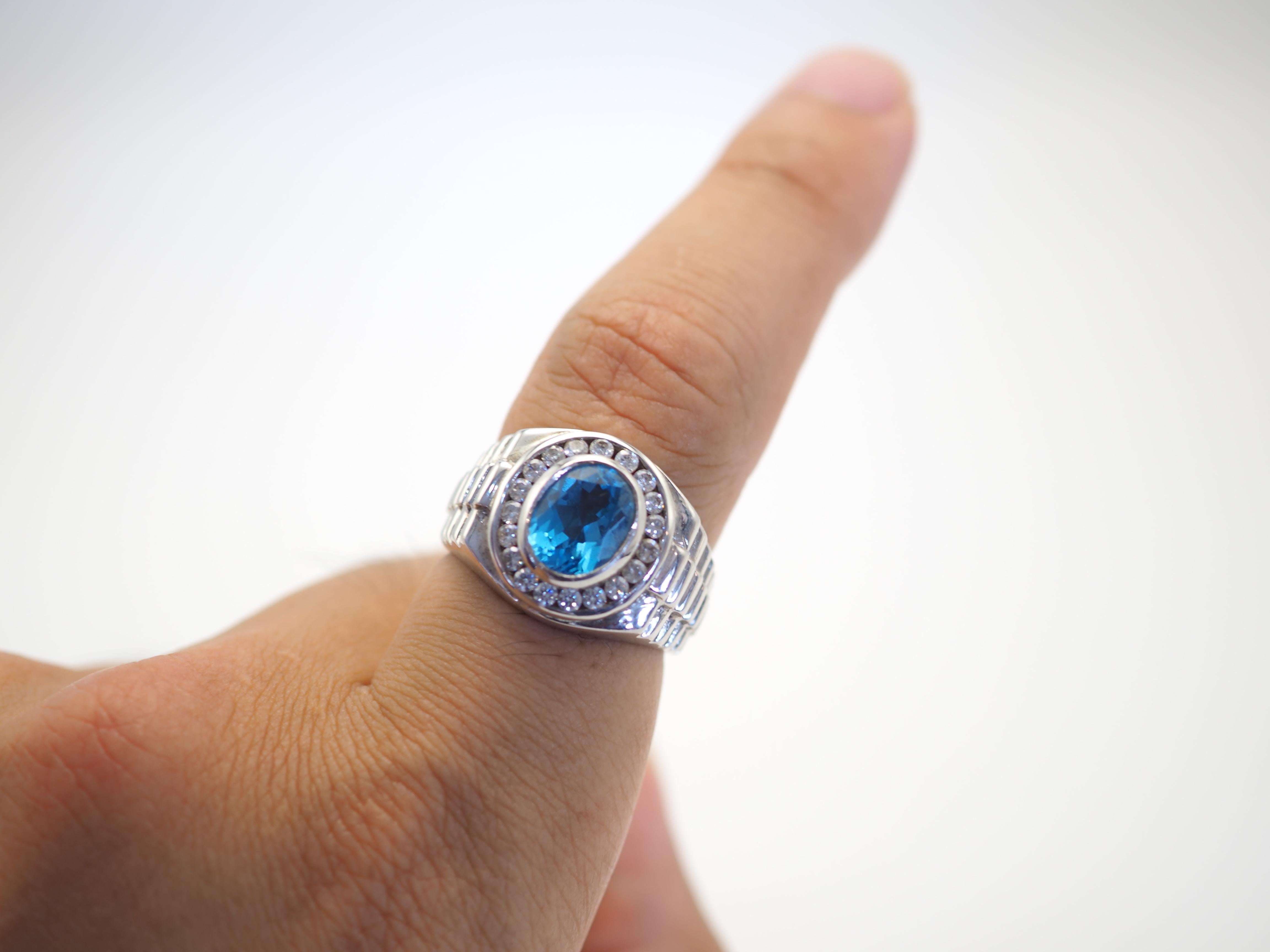 Signet 3.30ct Oval Blue Topaz & Quartz Sterling Silver Men's Wristwatch Ring 2