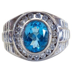 Anello da polso Signet da 3,30 ct Topazio blu ovale e quarzo in argento Sterling da uomo