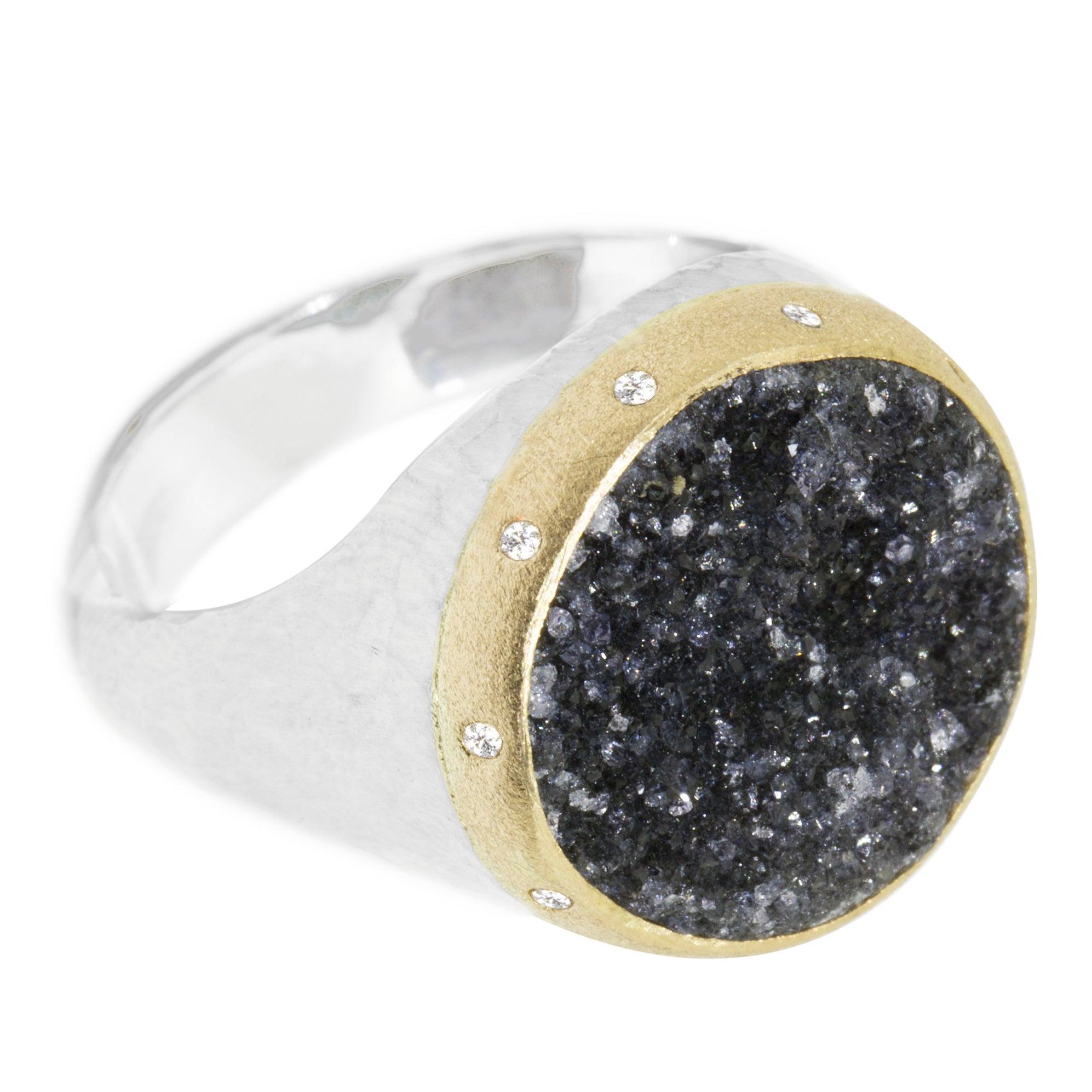 For Sale:  Signet Black Druzy 18 Karat Gold & Silver Ring 2