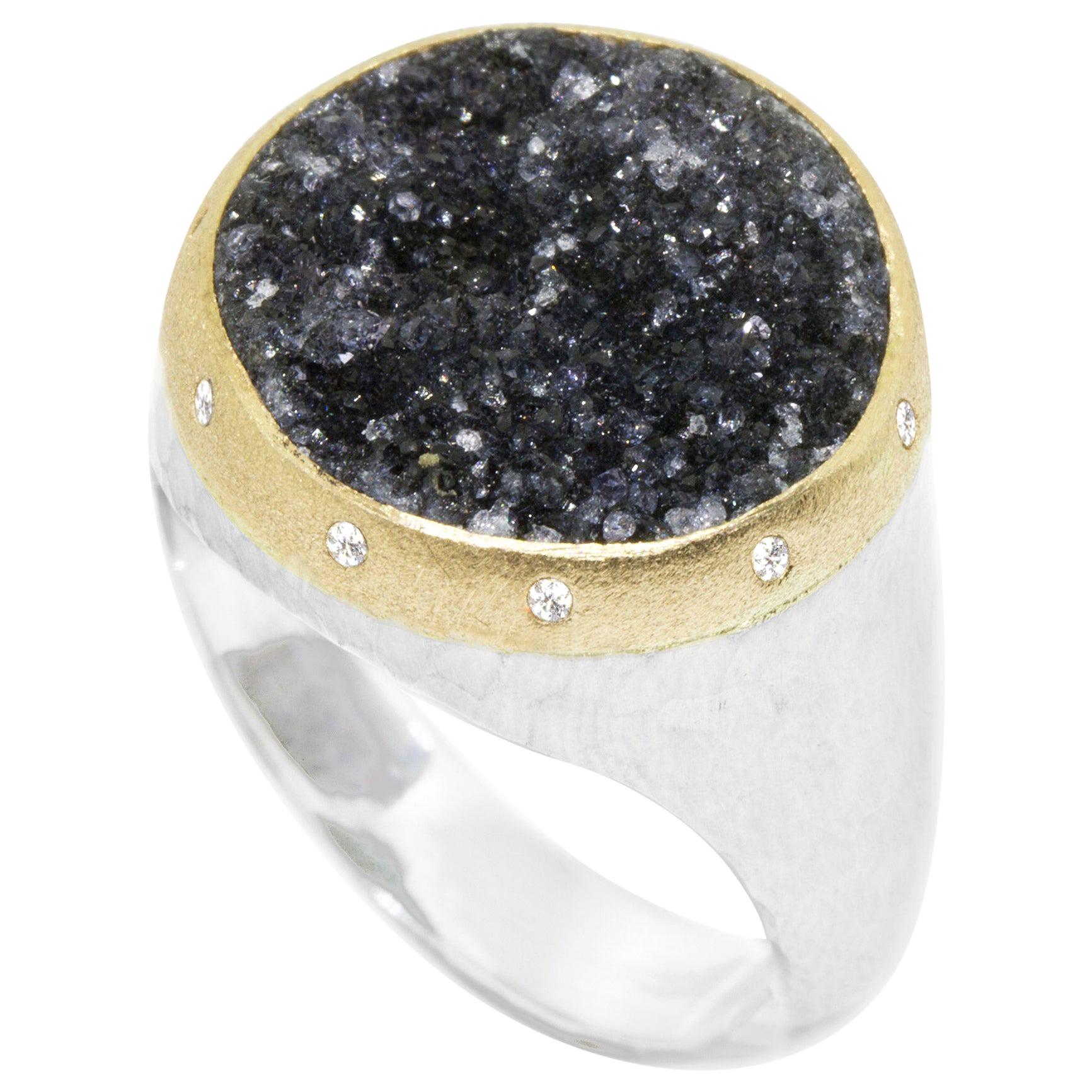 For Sale:  Signet Black Druzy 18 Karat Gold & Silver Ring