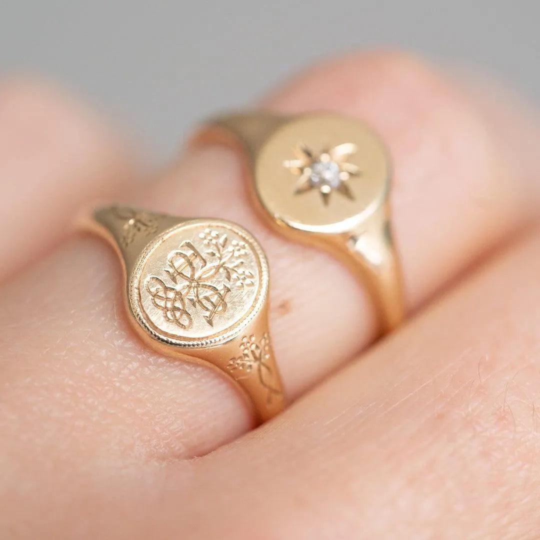For Sale:  Signet Forget-Me-Not Ring  18ct Gold  Made to Order 6