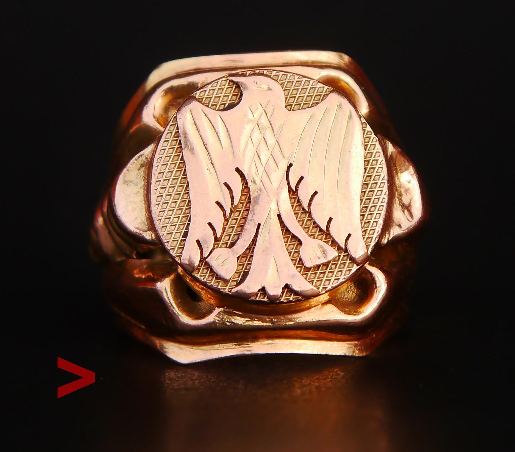 
Signet Ring for Men or Women adorned with sawn, soldered, and engraved silhouette of a Hawk.

Metal is solid 14 Rose Gold plated with a layer of 14K Green Gold over. Ca. early 20th. century, the previous owner claimed it to be Austrian-made.

The