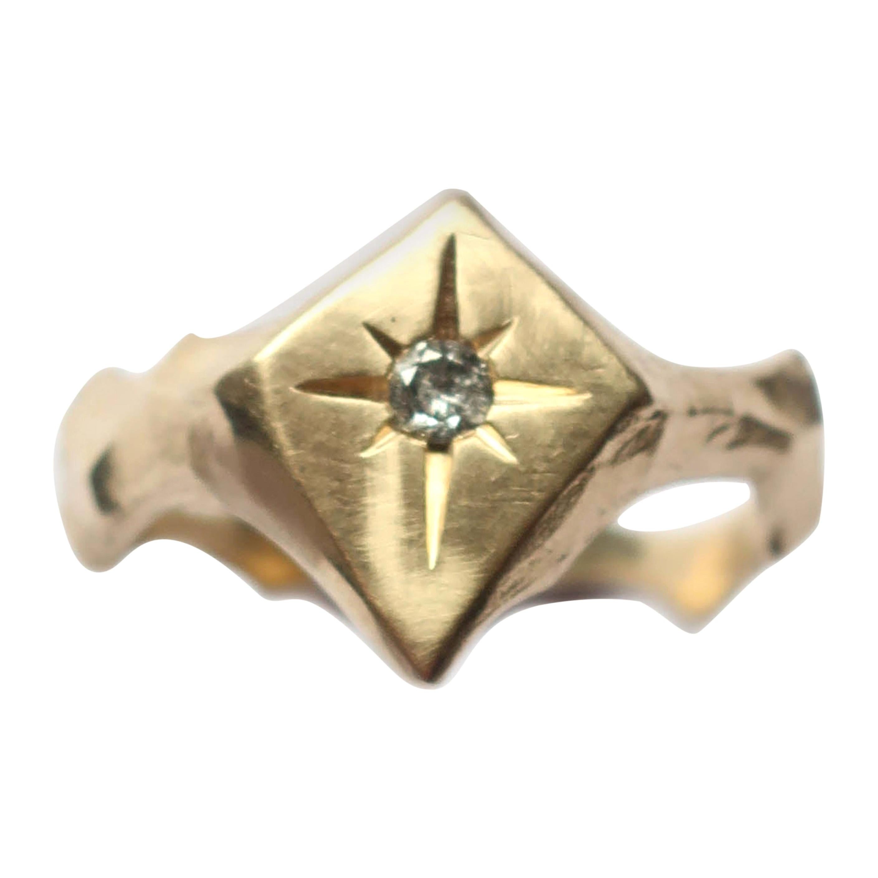 For Sale:  Signet Kite Shaped Star Engraved 14 Karat Gold Diamond Ring