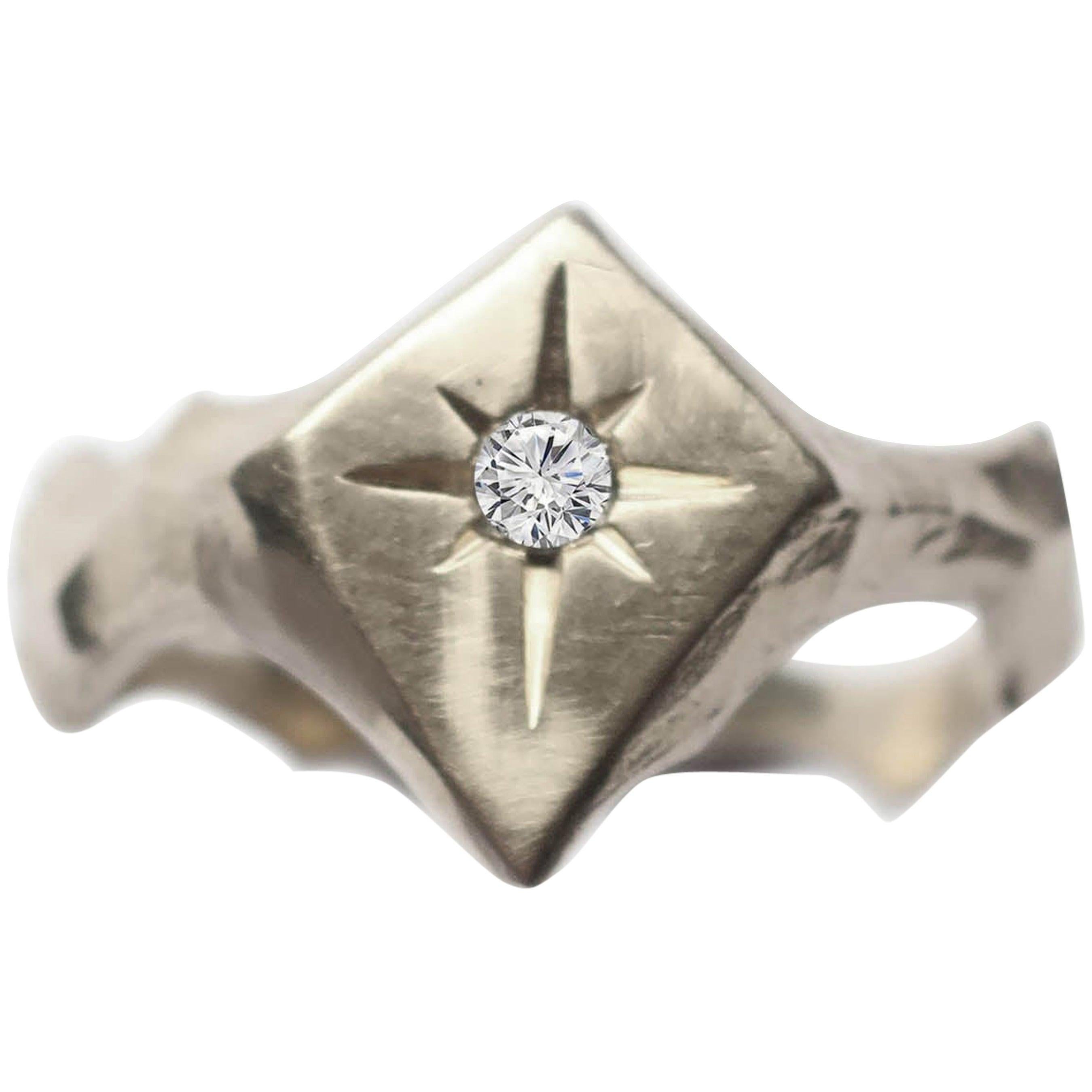 For Sale:  Signet Kite Shaped Star Engraved 14 Karat White Gold Diamond Ring