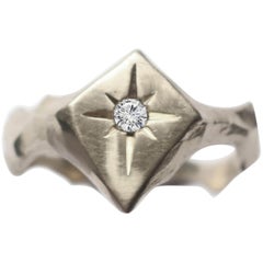 Signet Kite Shaped Star Engraved 14 Karat White Gold Diamond Ring