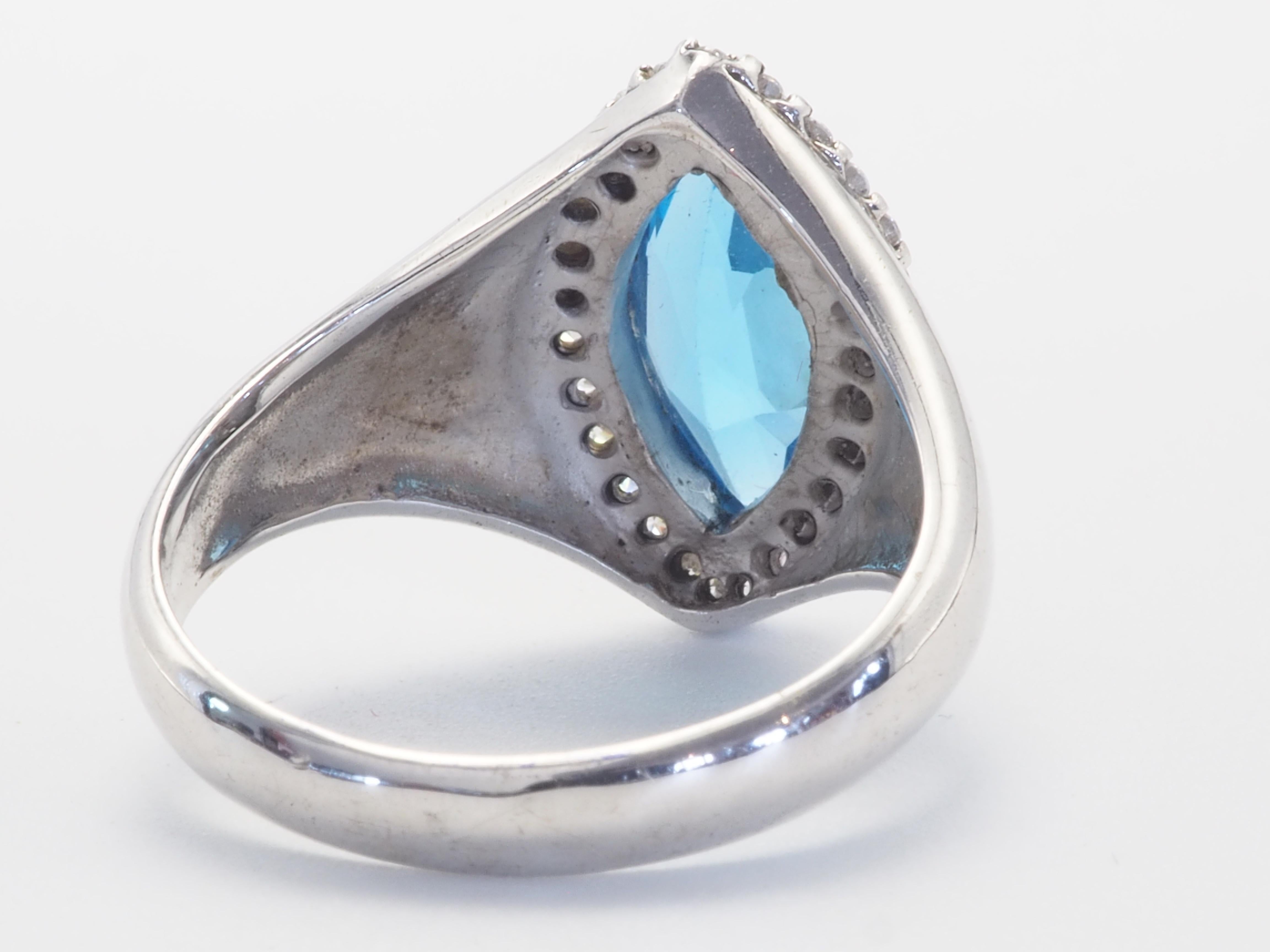 Signierter Schweizer Marquise-Cocktailring aus Sterlingsilber mit blauem Topas und Quarz (Marquiseschliff)