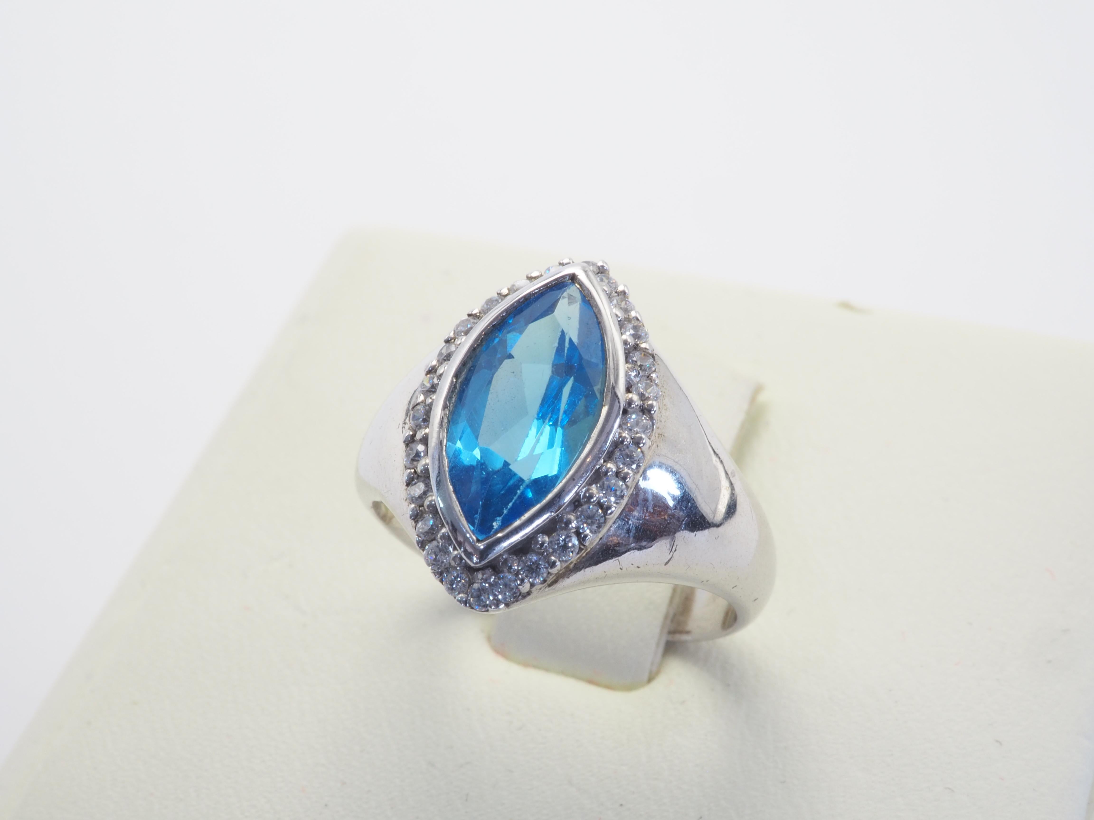 Signierter Schweizer Marquise-Cocktailring aus Sterlingsilber mit blauem Topas und Quarz Herren